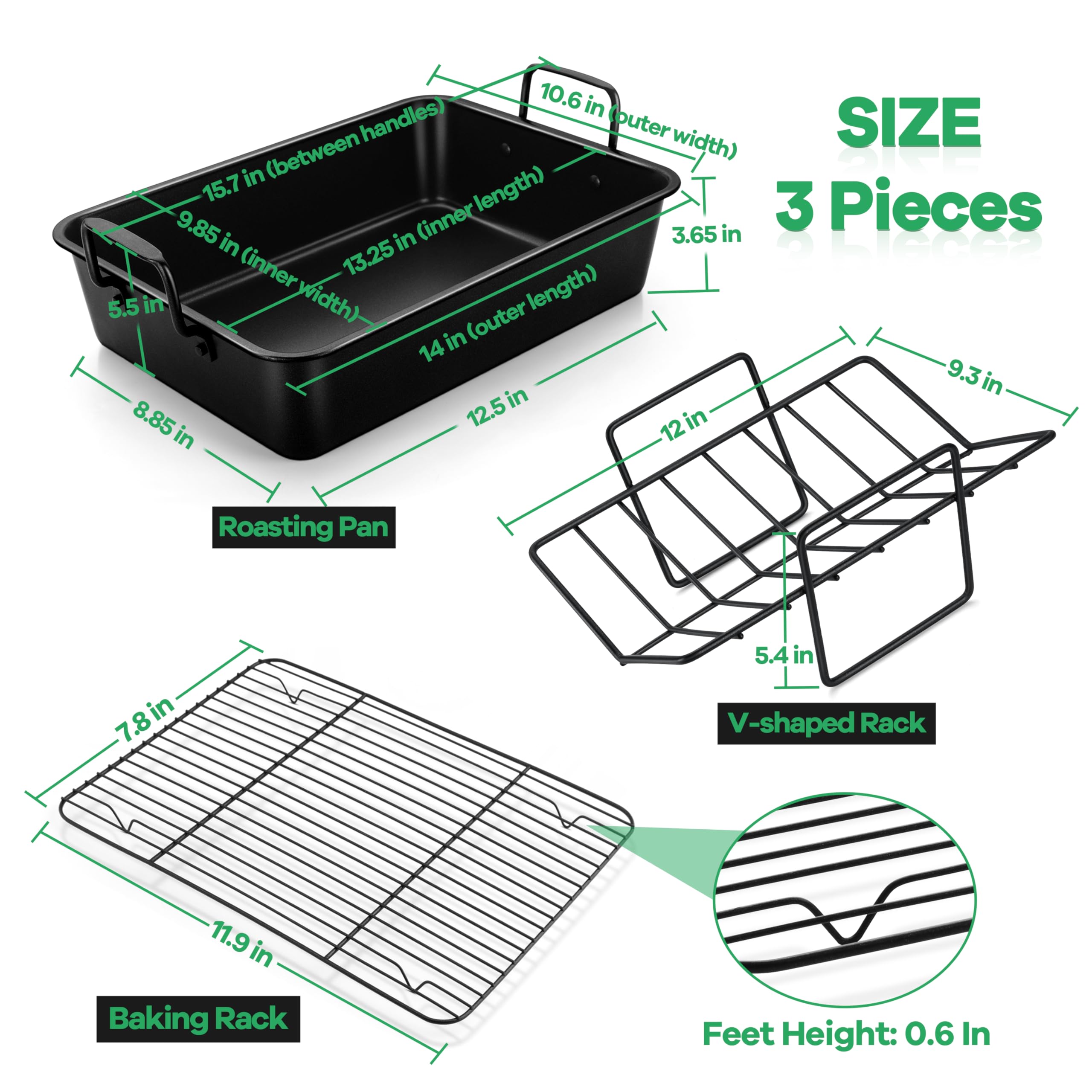 14 Inch Roasting Pan With Rack Set, P&P Chef Turkey Roaster Pan & V-Shape Baking Rack & Cooling Rack For Chicken Vegetable Lasag