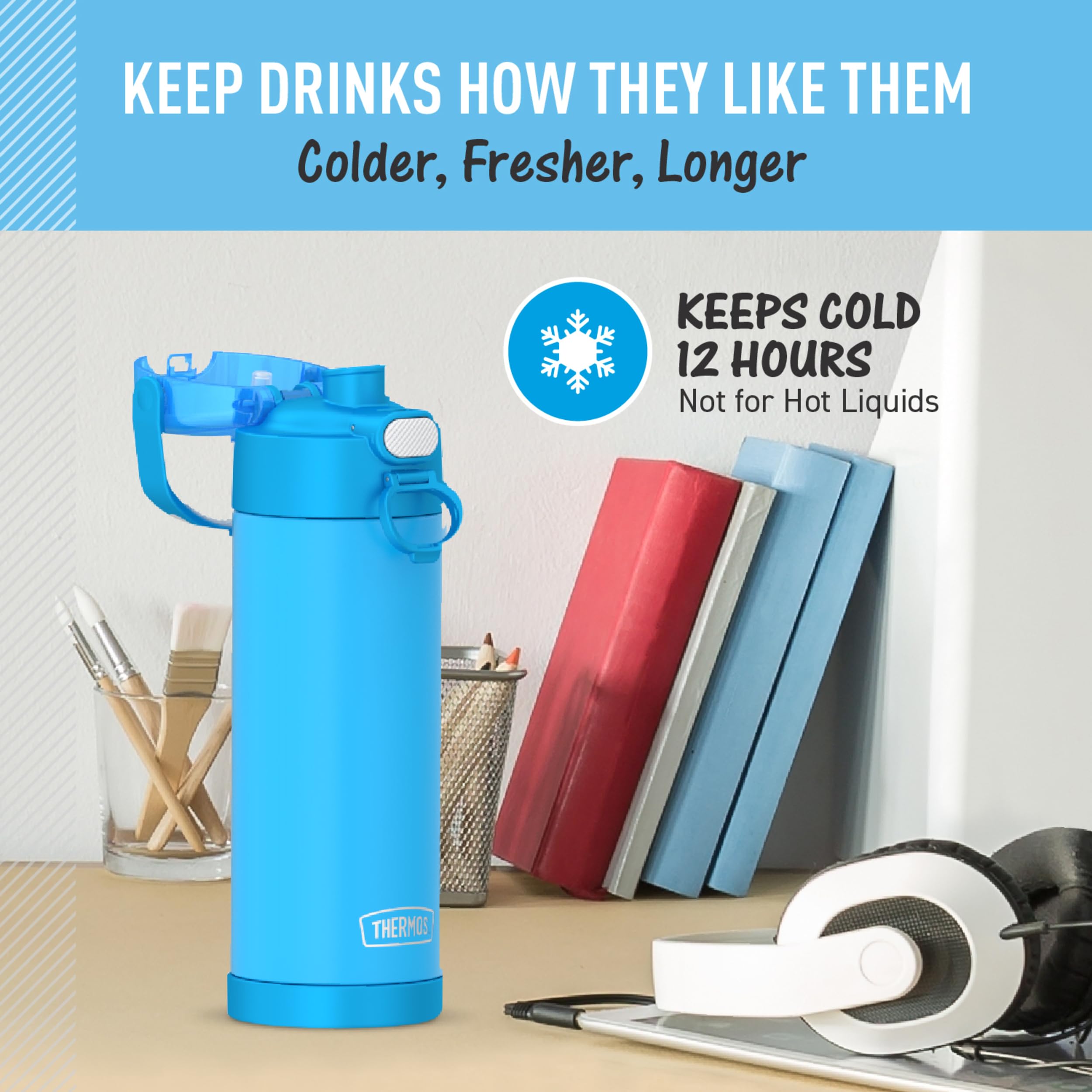 Thermos Funtainer 16 Ounce Stainless Steel Vacuum Insulated Bottle With Wide Spout Lid, Electric Blue