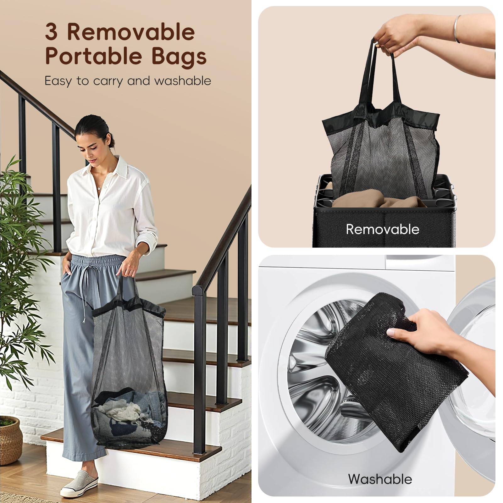 Vexalora 185L Laundry Hamper 3 Section, Laundry Hamper With Lid, Dirty Clothes Hamper With 3 Removable Washing Bags, Extra Large