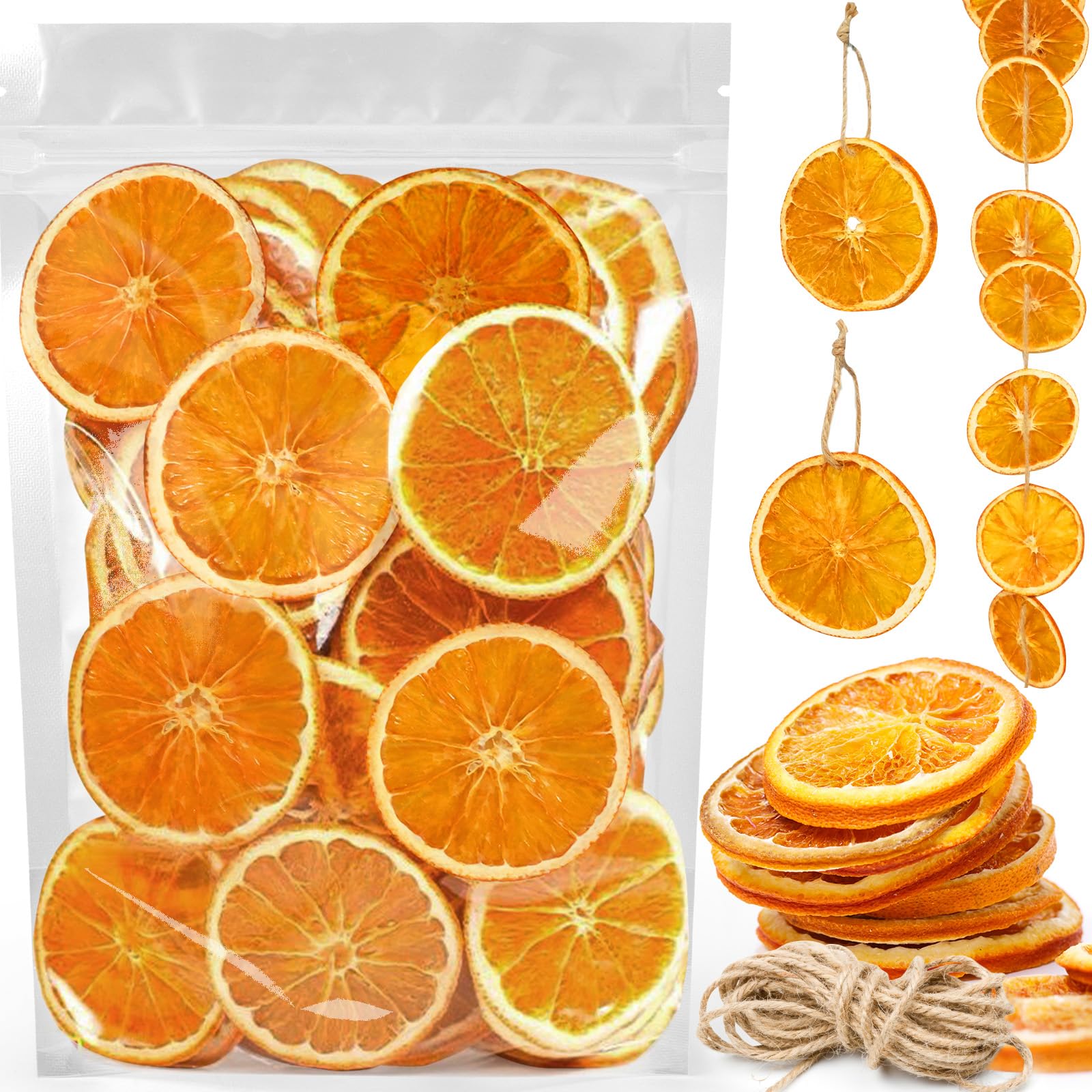 50 Pcs Dried Orange Slices, Natural Rustic Ornament for Hanging Decorations, Christmas Wreath Making Supplies with Hemp Rope, DI
