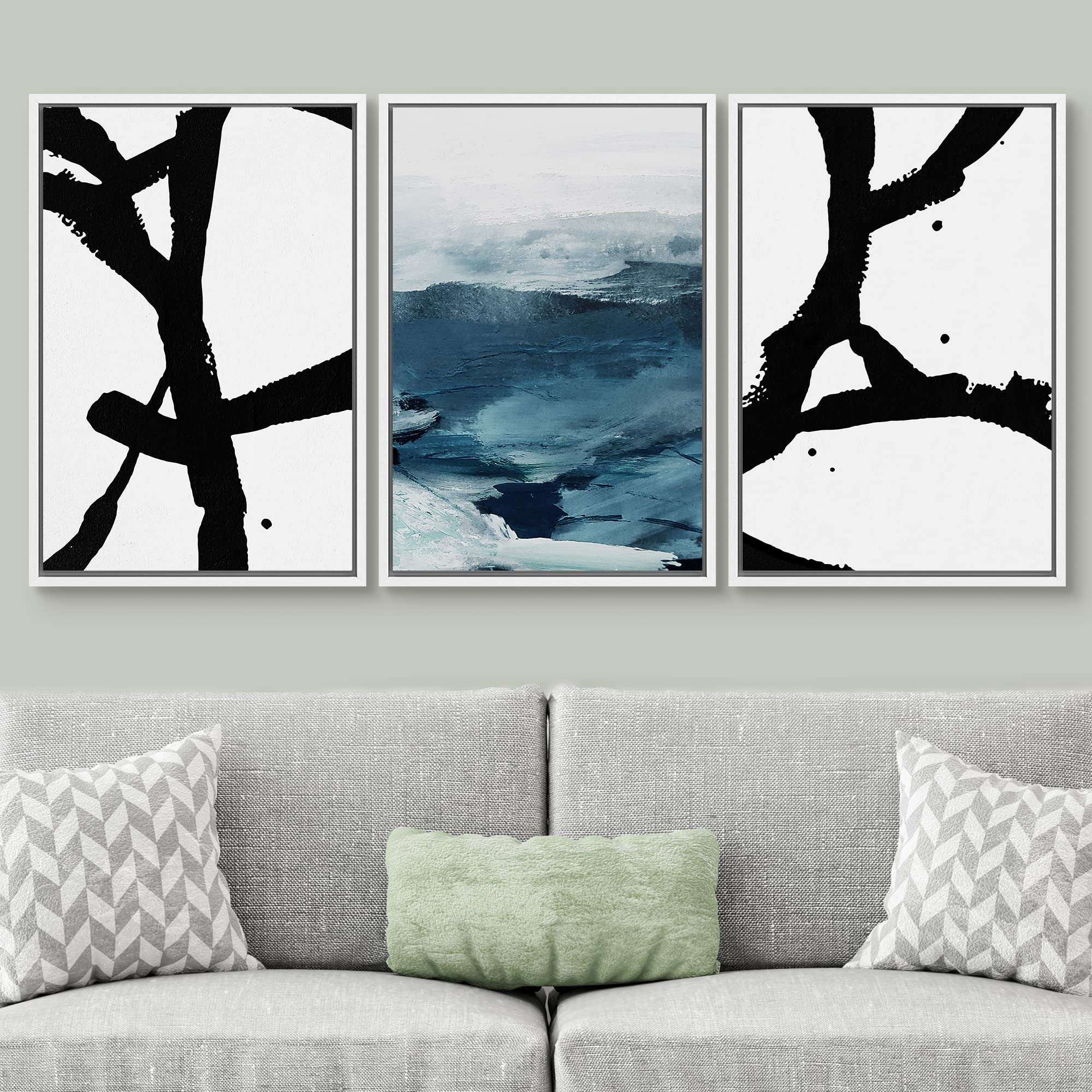 Signwin Framed Canvas Print Wall Art Abstract Paint Strokes With Blue Mountain Landscape Abstract Nature Mixed Media Modern Art