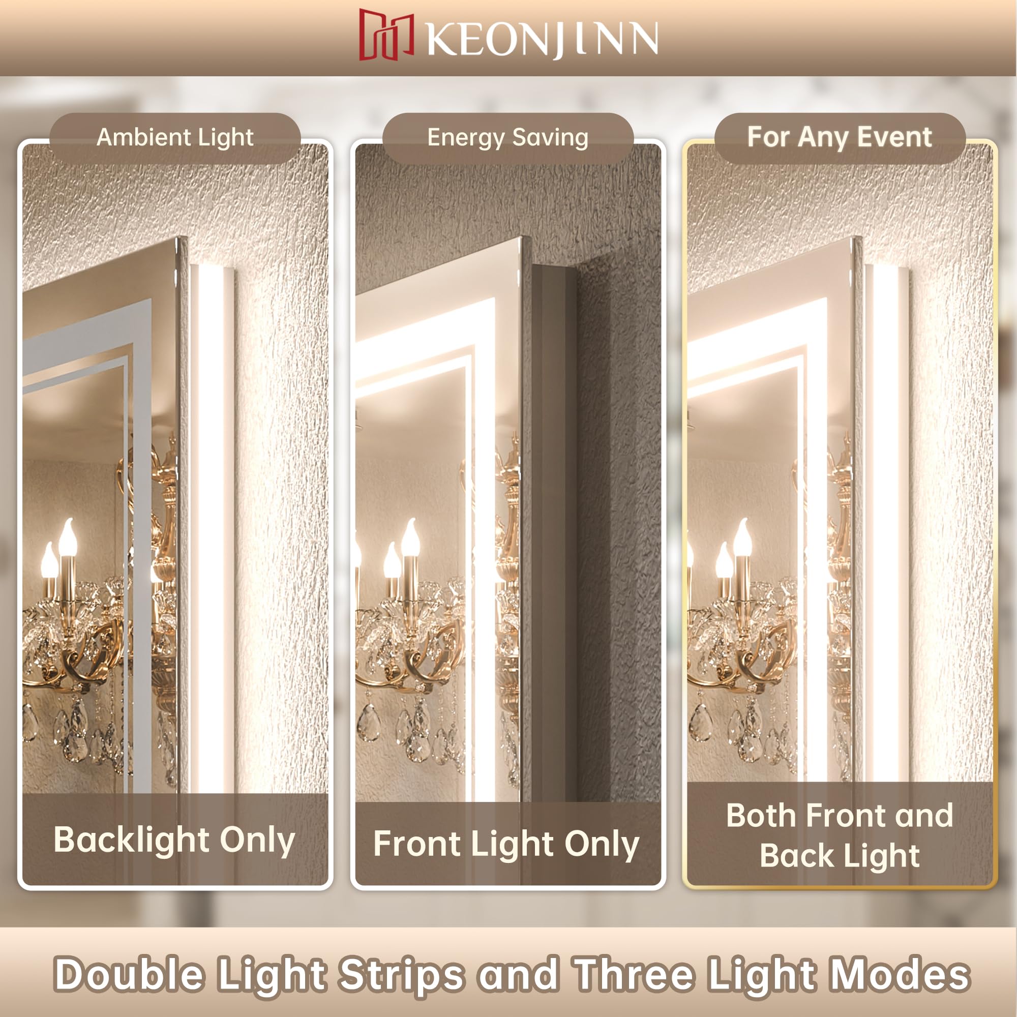 Keonjinn Bathroom Led Mirror 42 X 36 Inch Frontlit And Backlit, Stepless 3 Colors Temperature & Dimmable Tempered Glass Mirror,