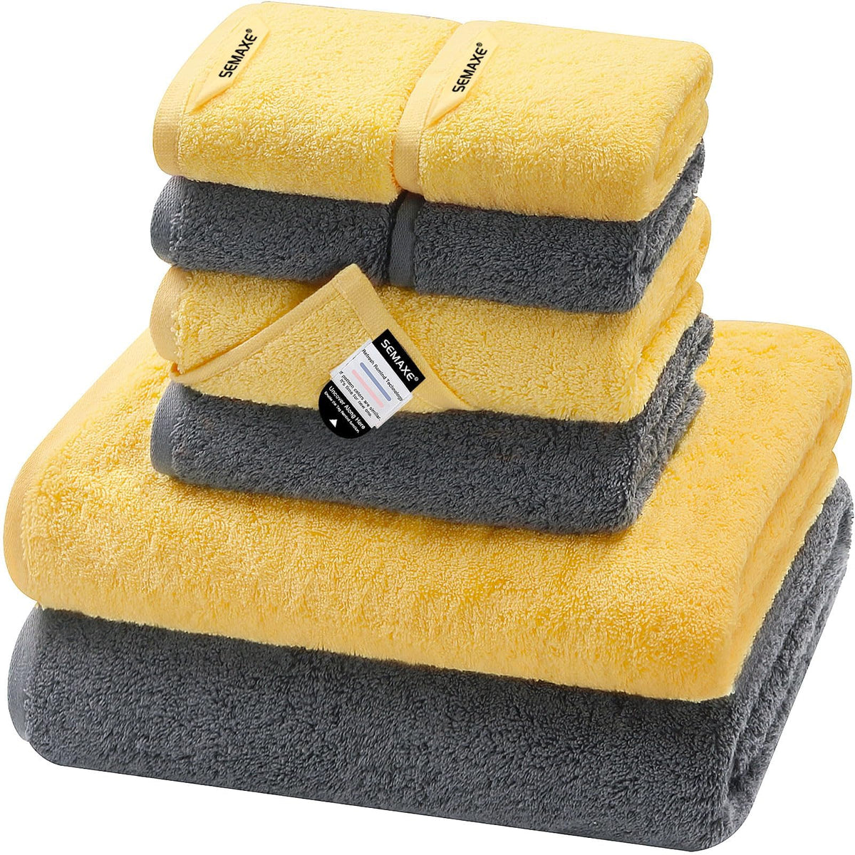 Semaxe Bath Towel Set, 100% Cotton Bathroom Towels With Hanging Loops And Nano-Bio Lifecycle Labels, 8 Piece Towel Set Include 2