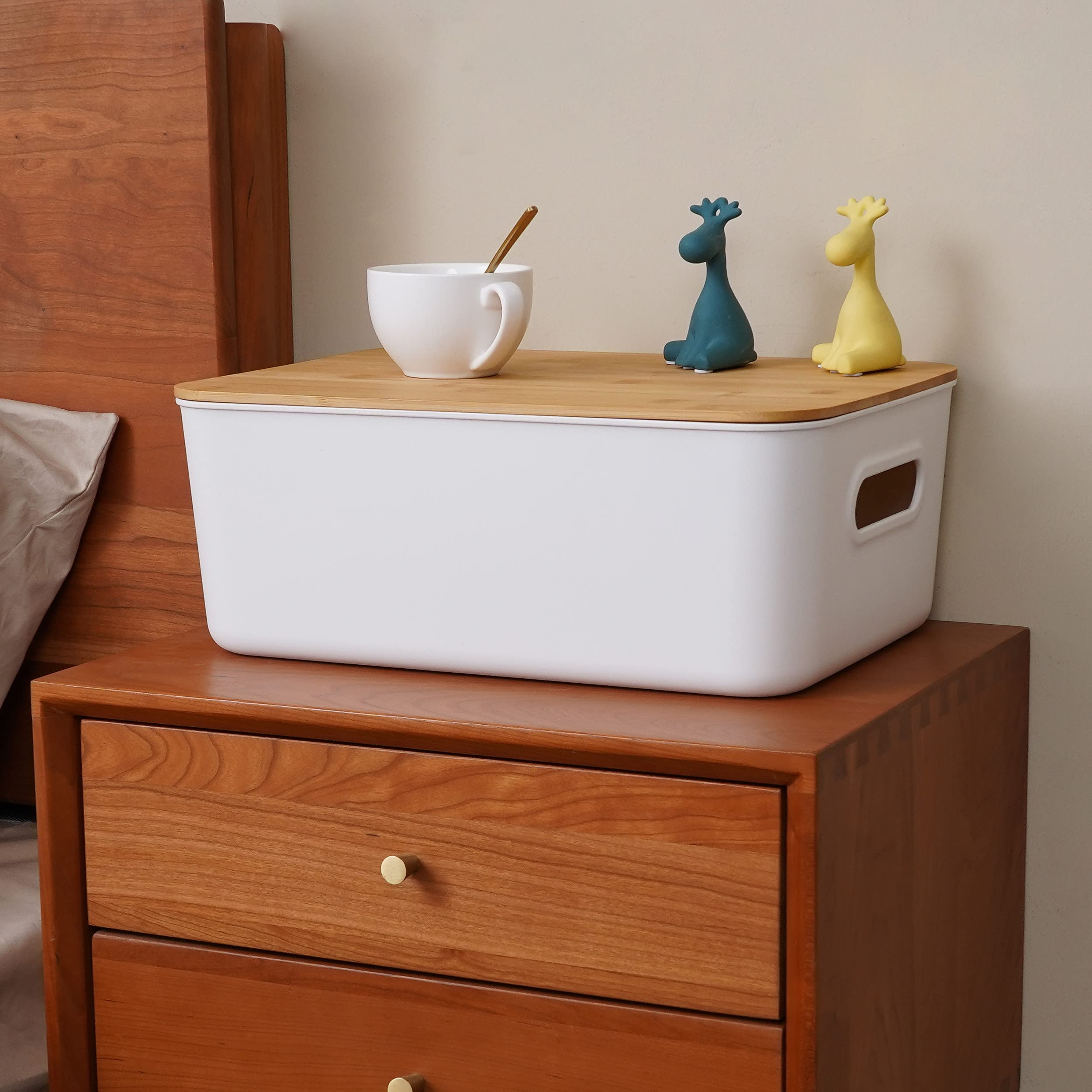 Citylife 2 Pcs Storage Bins With Bamboo Lids Plastic Storage Containers For Organizing Stackable Storage Box With Handle, 15.16