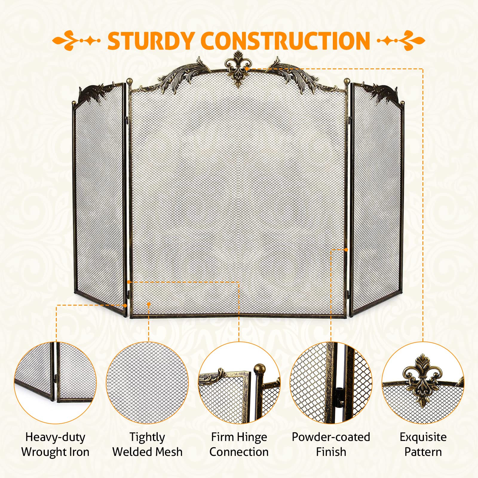 Wichemi Fireplace Screen 3 Panel Folding Fireplace Screens 50.4 X 32.3 Inch Metal Furnace Fireguards Mesh Cover Baby Safe Proof