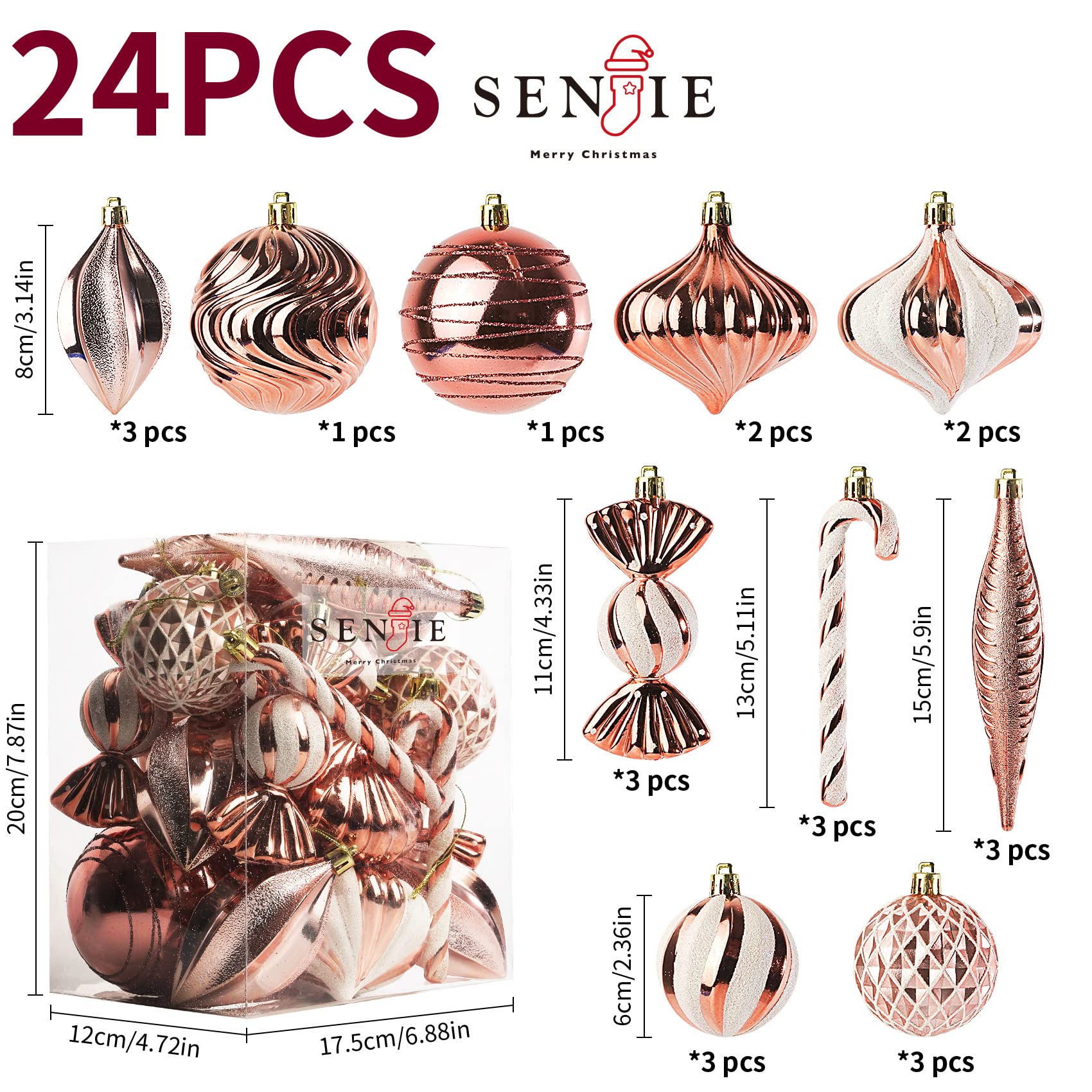 Christmas Ball Ornaments Shatterproof Plastic Tree Ornaments 24 PCS Shaped Styles Xmas Tree Holiday Decor,Rose Gold