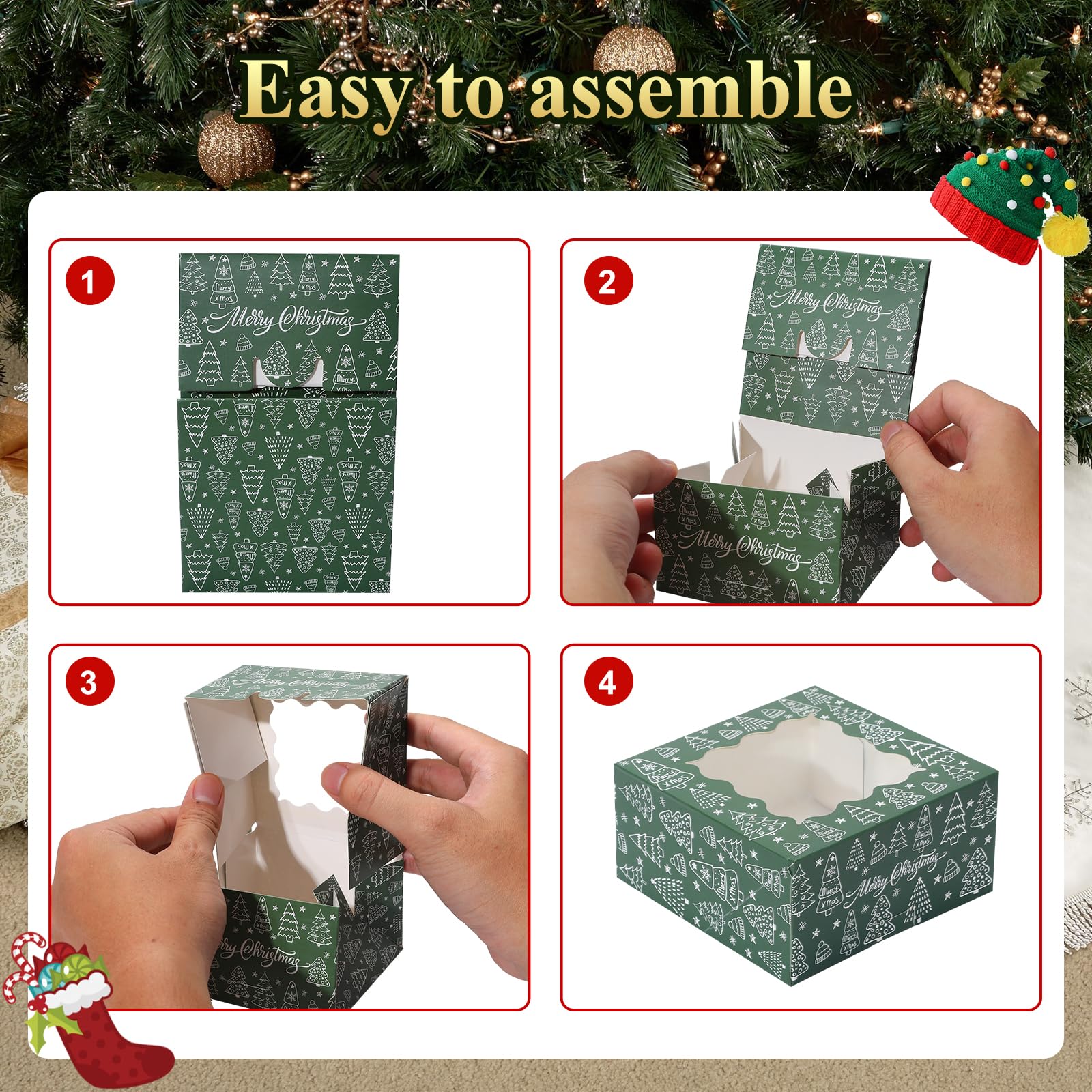 COTOPHER 30Pcs Christmas Cookie Boxes for Gift Giving, 6x6x3 inch Bakery Box with Window, Xmas treat Boxes for Holiday Party Fav