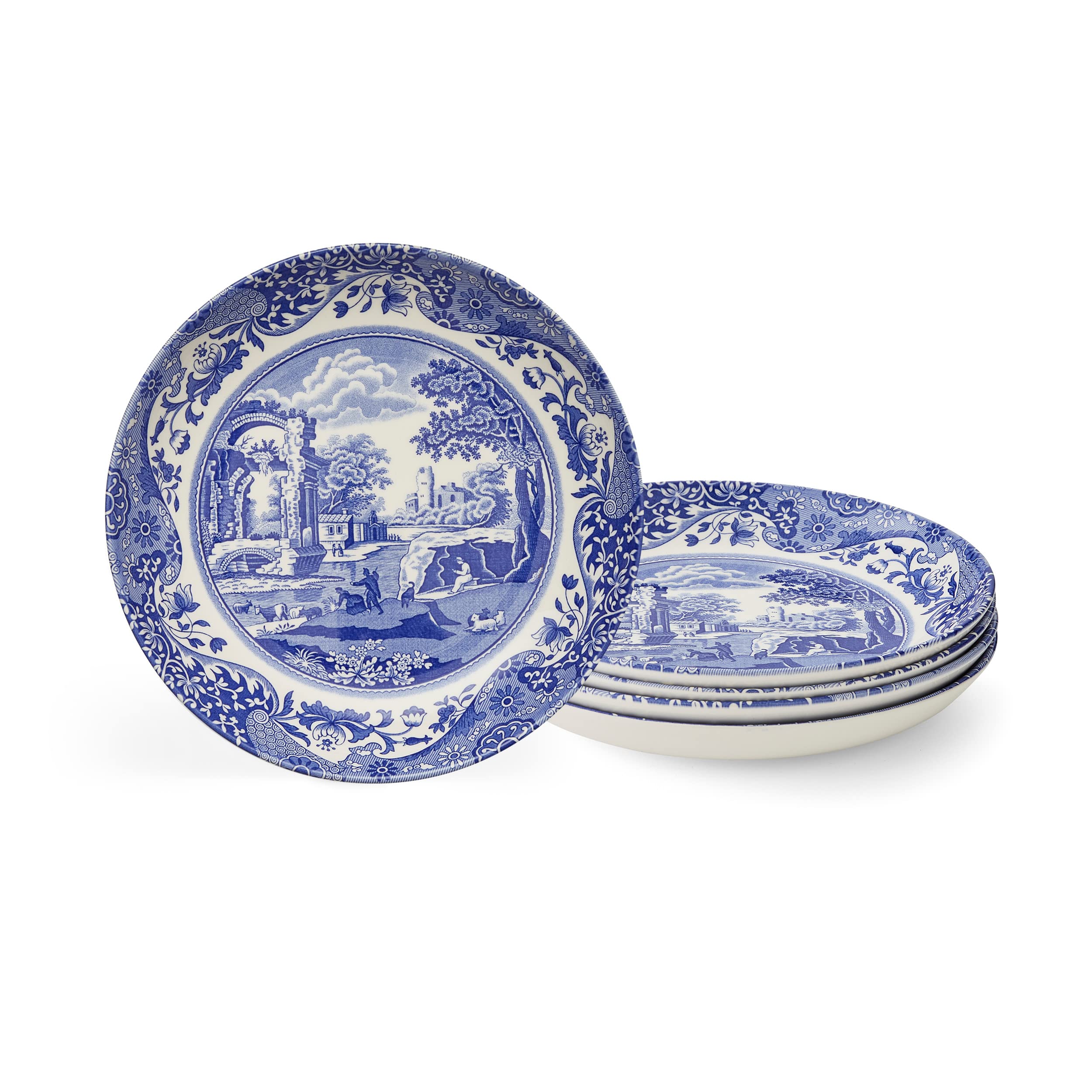 Spode Blue Italian Pasta Bowls | Set Of 4 | 9-Inch | Salad, Pasta, And Soup Serving Bowls | Round, Wide, And Shallow Bowl | Micr