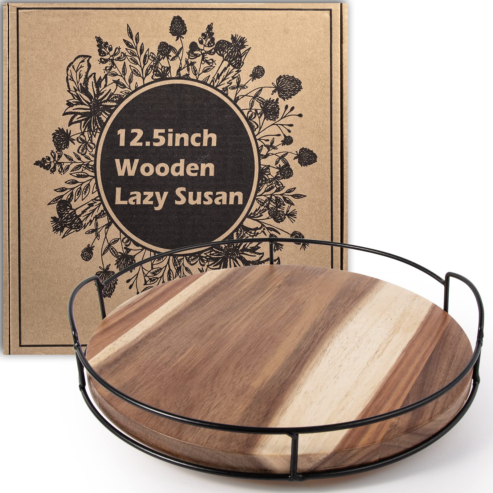 12.5'' Acacia Wood Lazy Susan Turntable With Handles, Tomoaza Kitchen Organizer Turntable With Steel Sides, 360 Degree Turntable