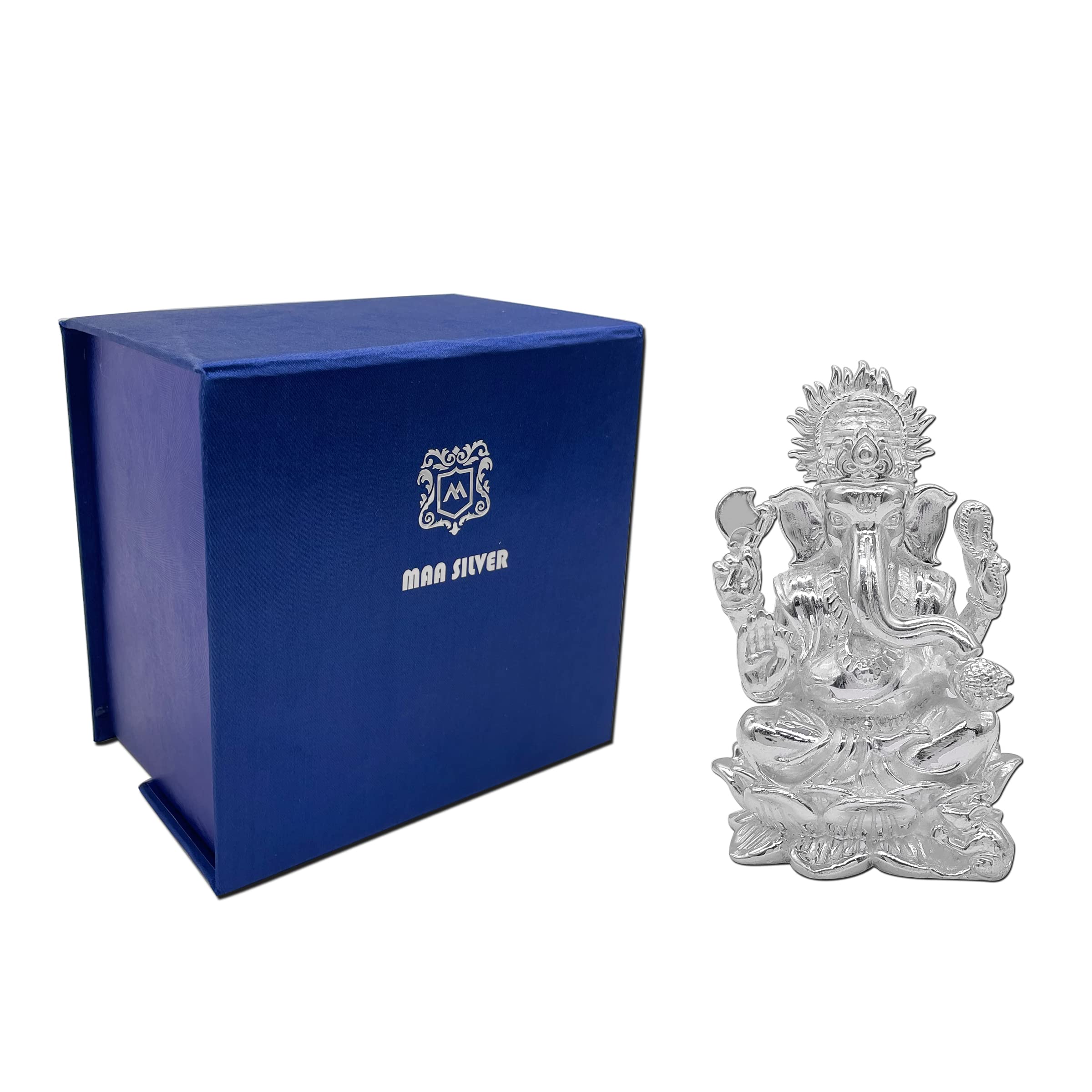 Maa Silver Pure Silver Ganesha Ganpati Ji Bis Hallmarked Solid Idol/Murti With Lotus Kamal Base Perfect For Gifting & Pooja Use