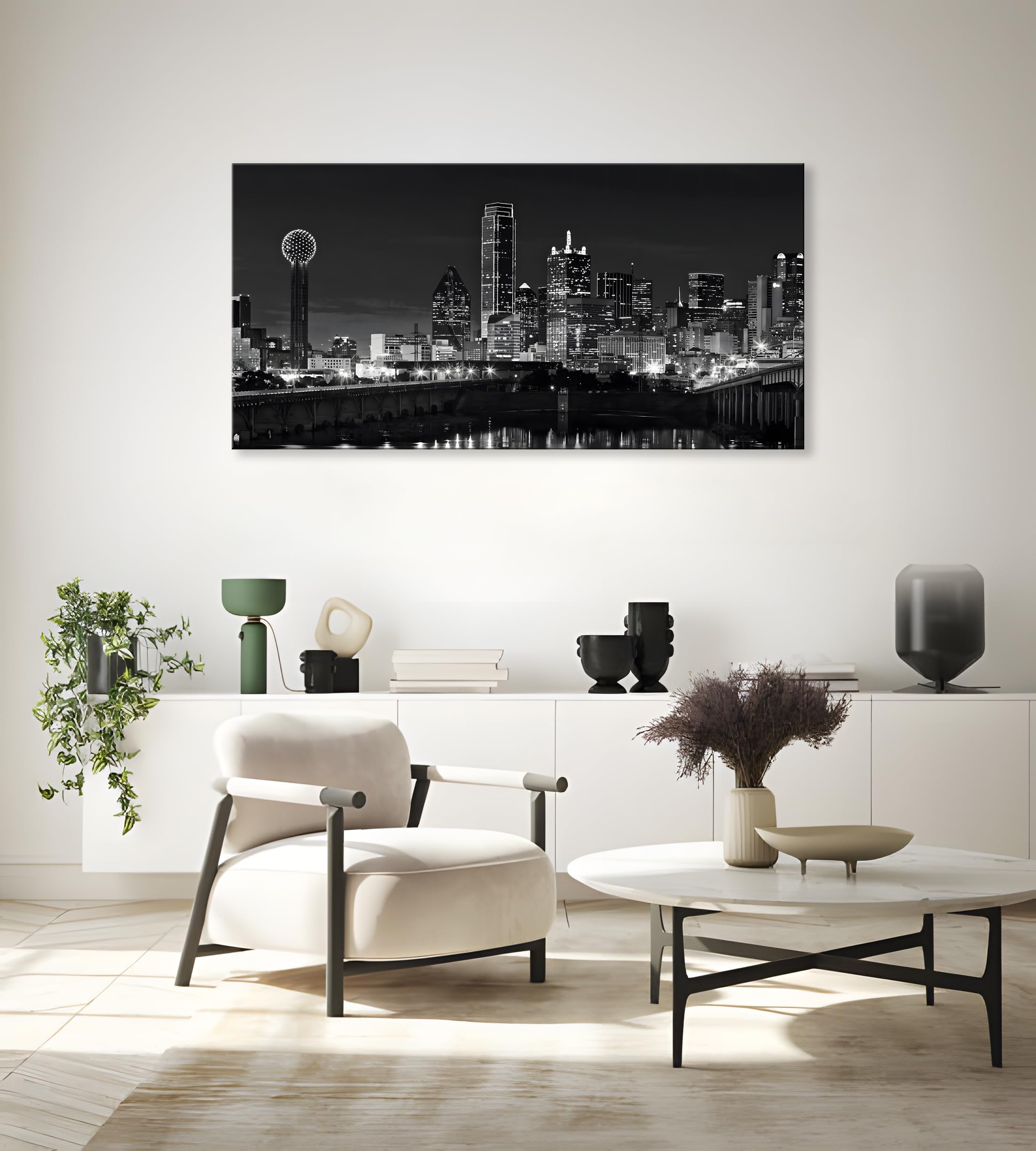 Nan Wind 1 Pcs Dallas Skyline Canvas Wall Art Black White Cityscape Night Scene Modern City Giclee Prints On Canvas Framed Urban