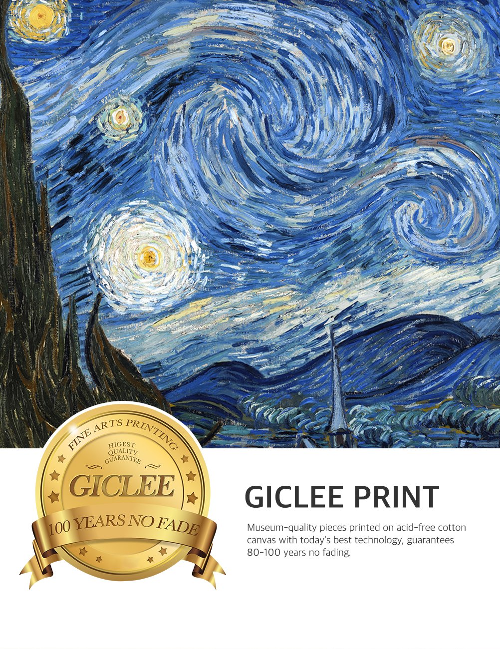 Decorarts - Starry Night, Vincent Van Gogh Art Reproduction. Giclee Prints Match With Golden Framed For Wall Decor. Picture Size