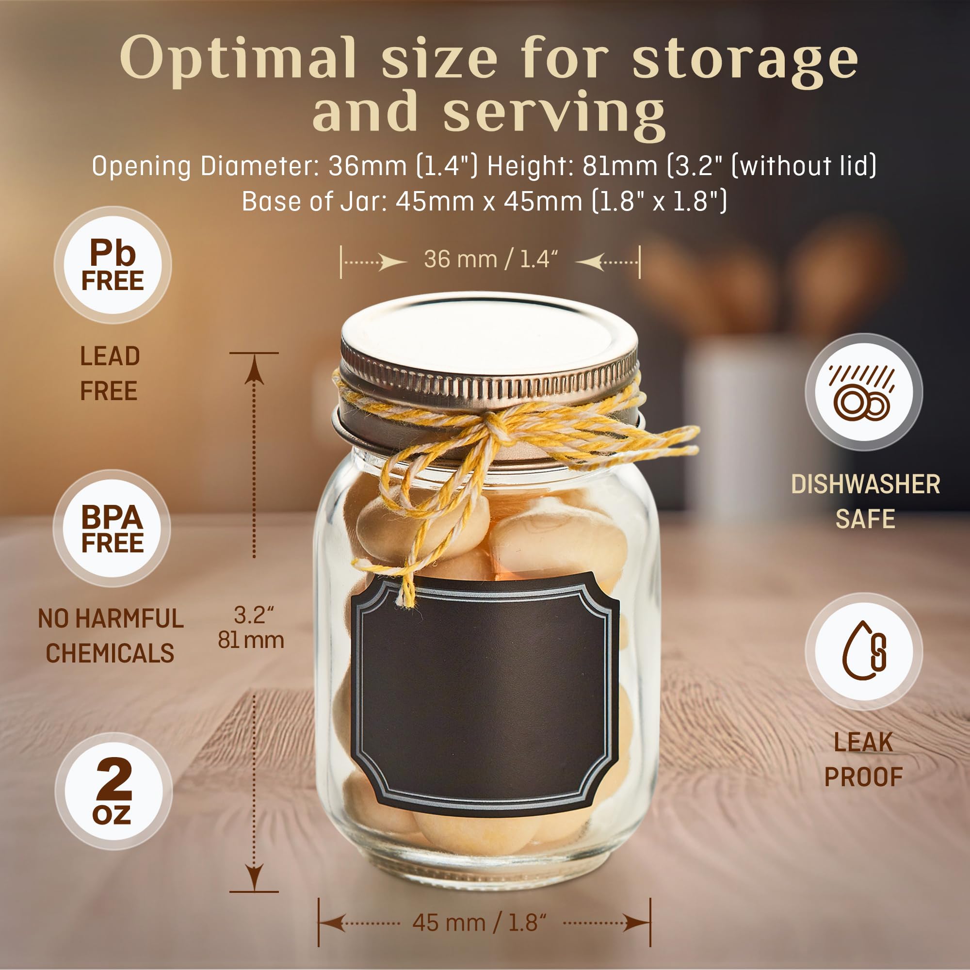 2.5Oz Small Mason Jars With Lids & Chalkboard Labels (12 Pack) Airtight Mini Mason Jars For Party Favors, Spices, Jam, Condiment