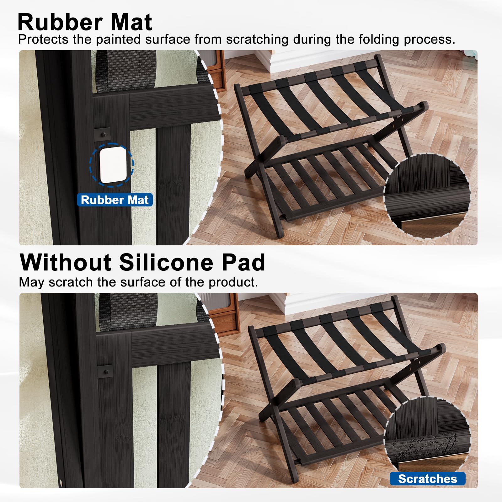 Smuxee Fully Assembled Luggage Rack For Guest Room, Upgraded Bamboo Foldable Suitcase Stand With 5 Nylon Straps, Dark Brown Lugg