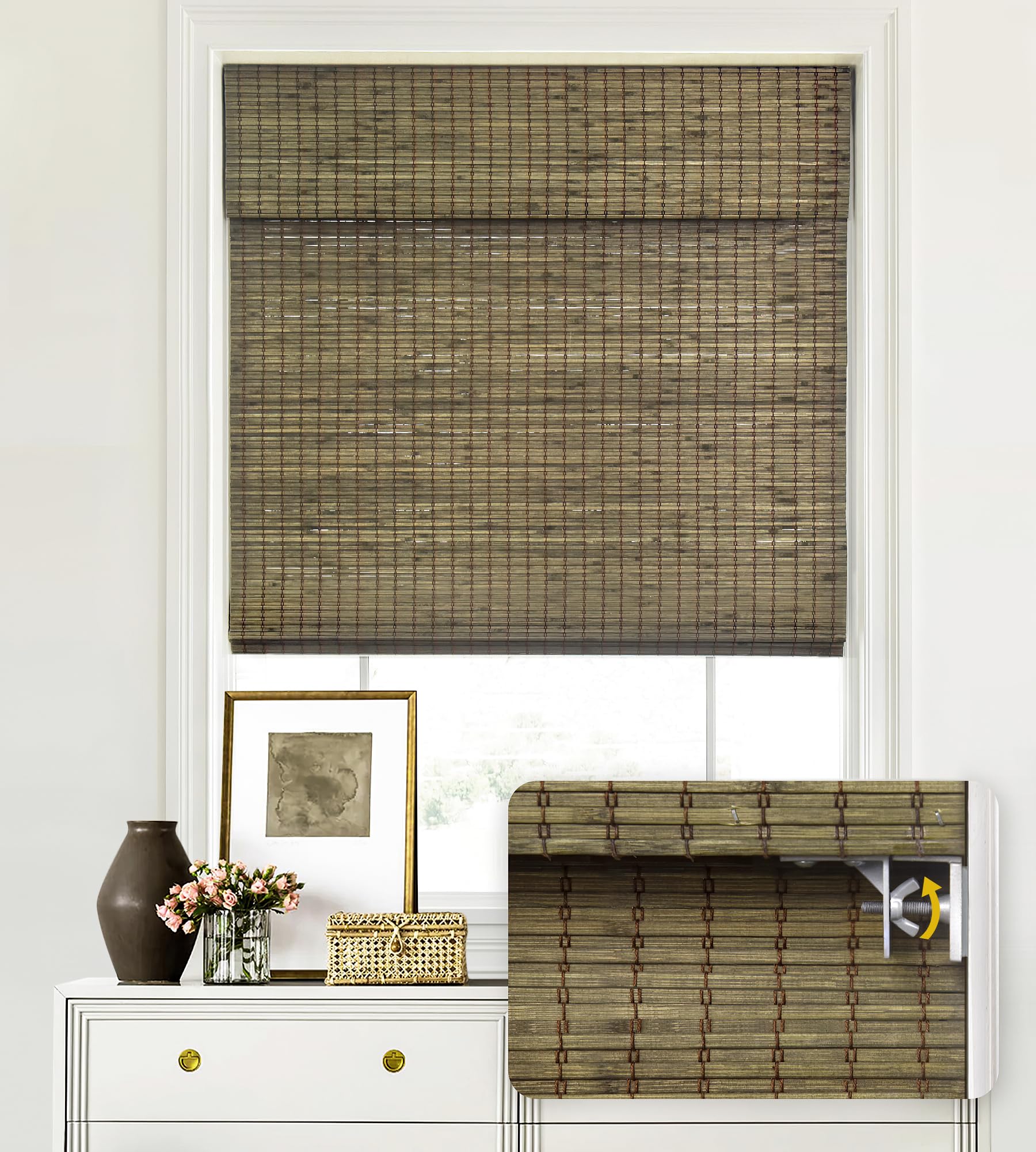 LazBlinds No Tools No Drill Cordless Bamboo Roman Shades, Privacy Window Treatment, Roll Up Bamboo Blinds for Window 20 W x 64