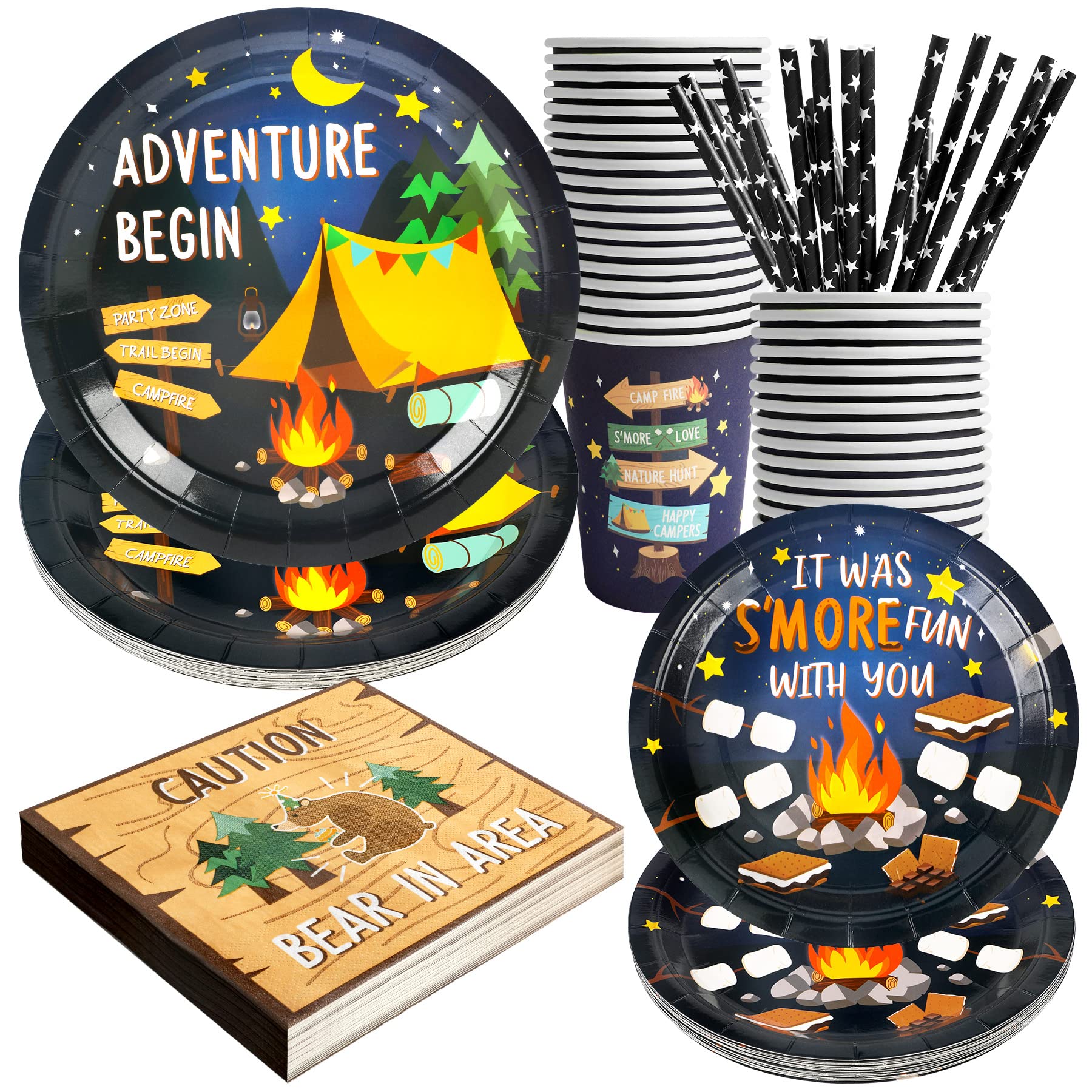 Camping Party Supplies Decorations, Campfire Hiking Camper Theme Birthday Paper Plates And Napkins Set With Cups And Straws For