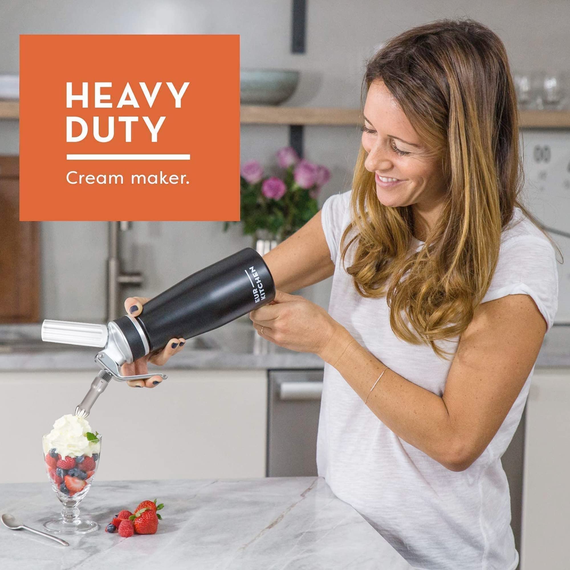 Eurkitchen Professional Aluminum Whipped Cream Dispenser - Leak-Free Whip Cream Maker Canister With 3 Decorating Nozzles & Clean
