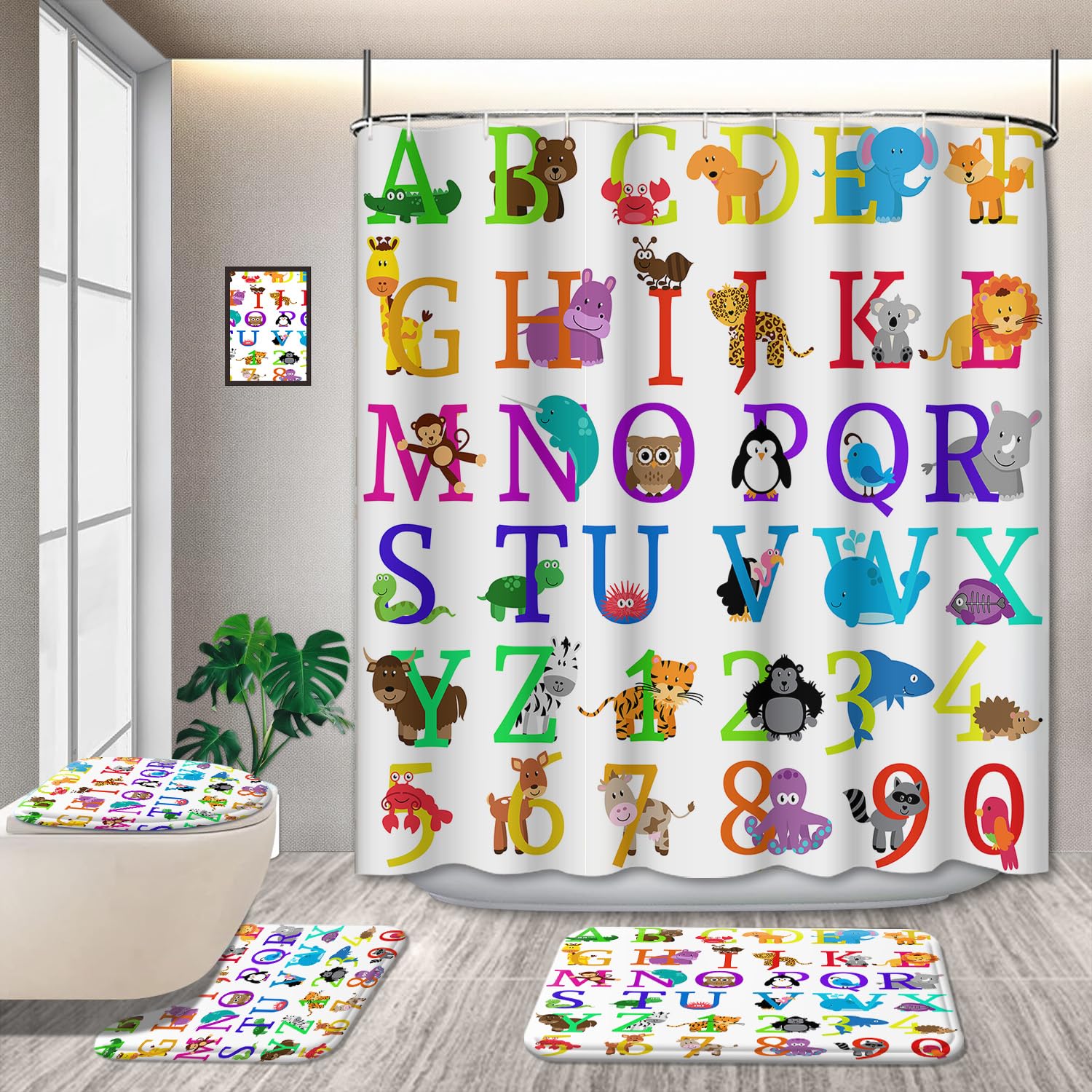 GRIEKOWE Cartoon Animal Alphabet Shower Curtain Sets, 4 Pcs Kids Educational Graphic ABC Learning Shower Curtain for Bath Curtai