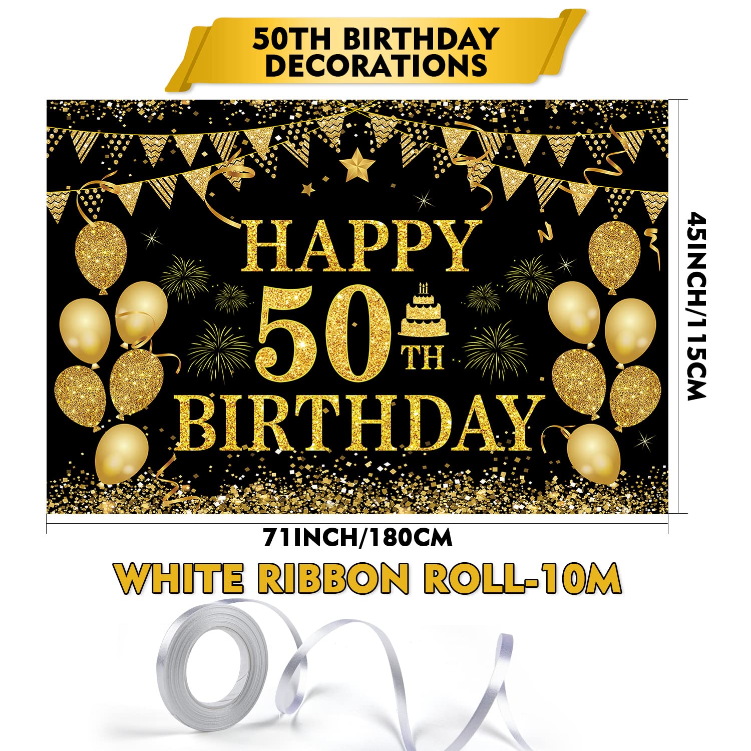 50Th Birthday Decorations For Men Women - Happy 50Th Birthday Banner Party Decorations Black Gold 50 Years Birthday Party Suppil