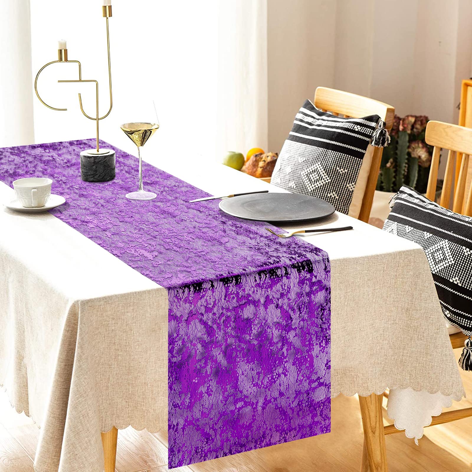 Tiosggd Purple Table Runner 11 Inch X 16 Feet, Metallic Sequin Glitter Foil Mesh Table Runners Roll, Centerpiece Table Decoratio