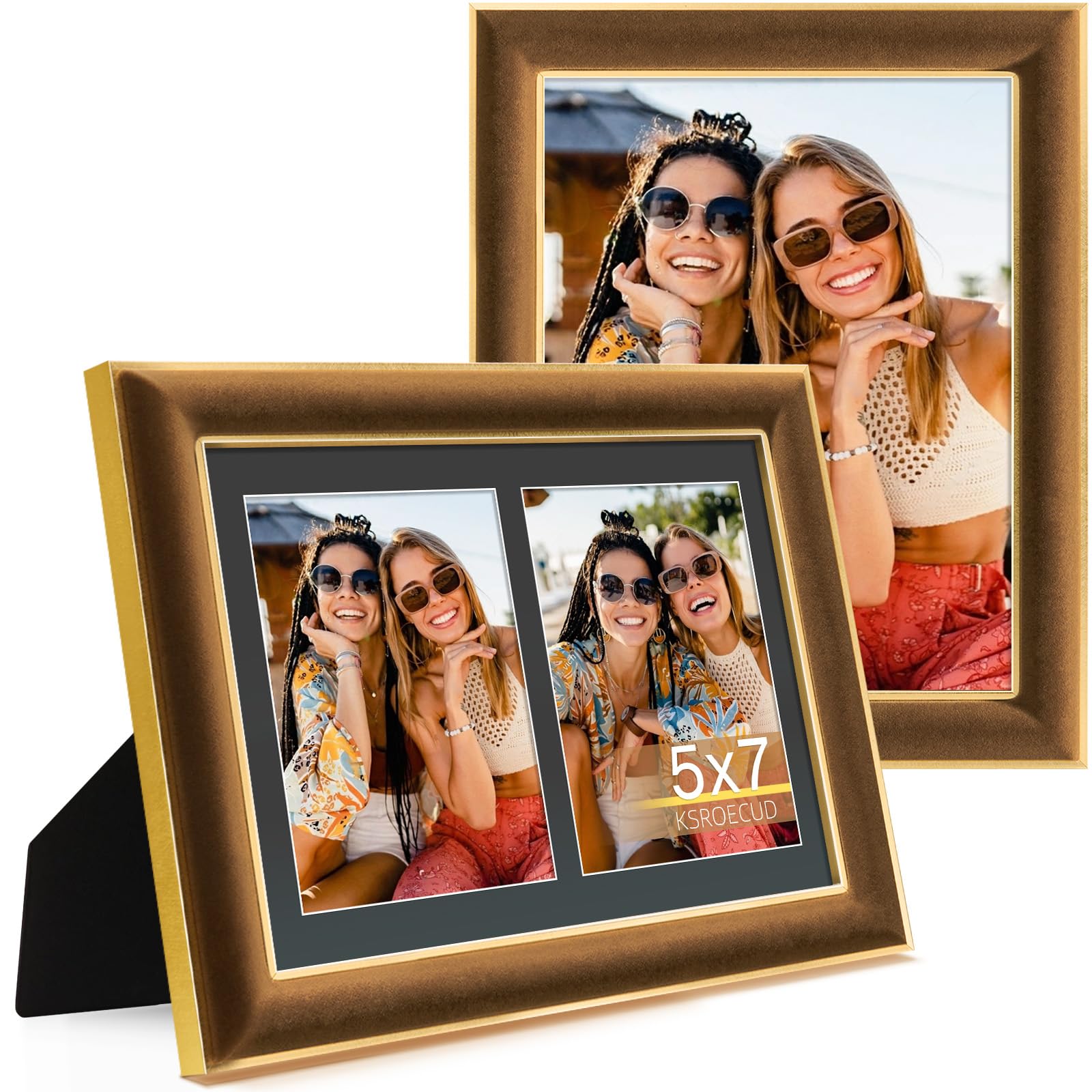 KSROECUD 8.5x11 Velvet Picture Frame with 2 Openings 5x7 Pictures, HD Real Glass Brown Velvet Photo Frame with Black White Borde