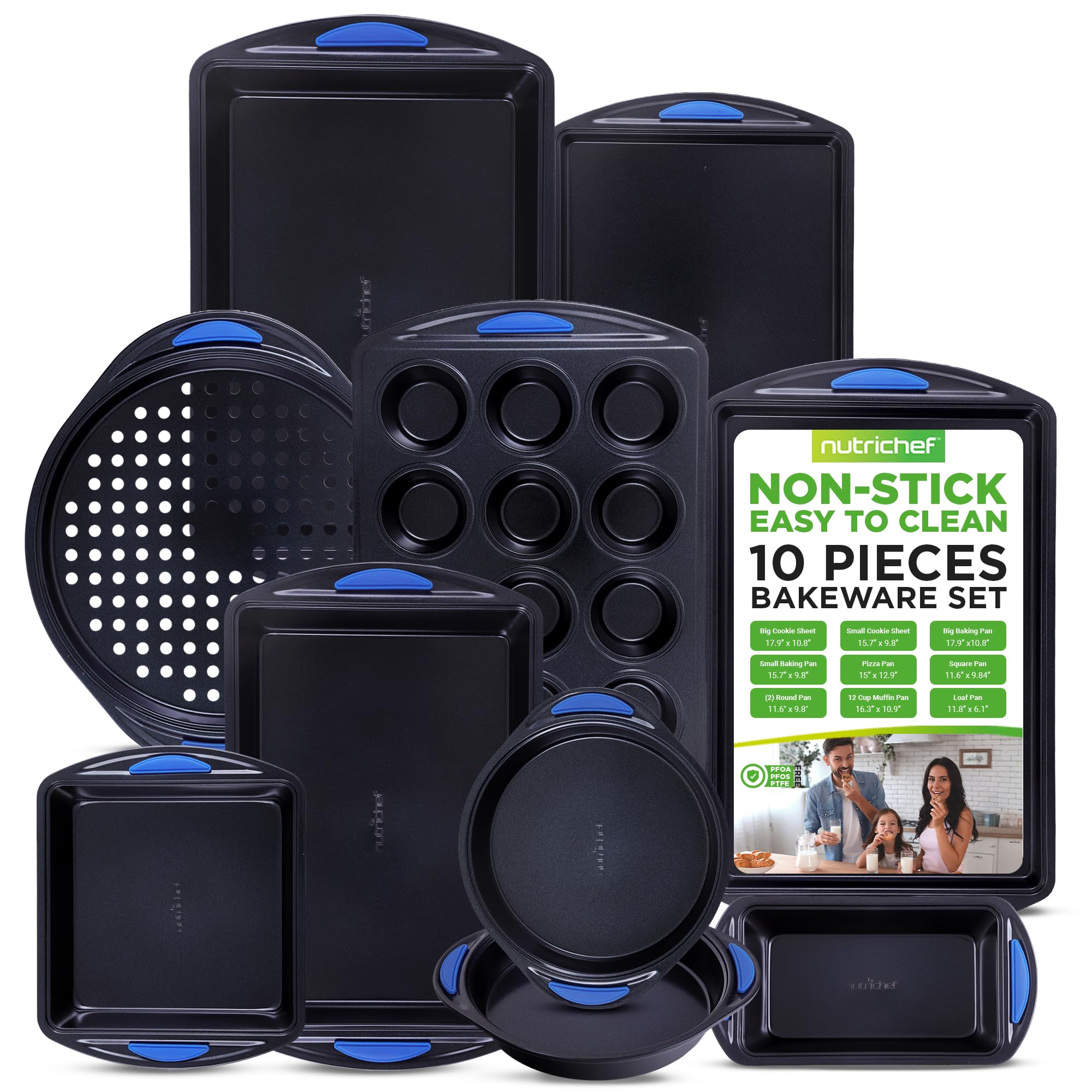 NutriChef 10-Piece Nonstick Bakeware Set - Heavy Duty Carbon Steel Baking Trays w/Silicone Handles - Includes Cookie Sheets, 12-