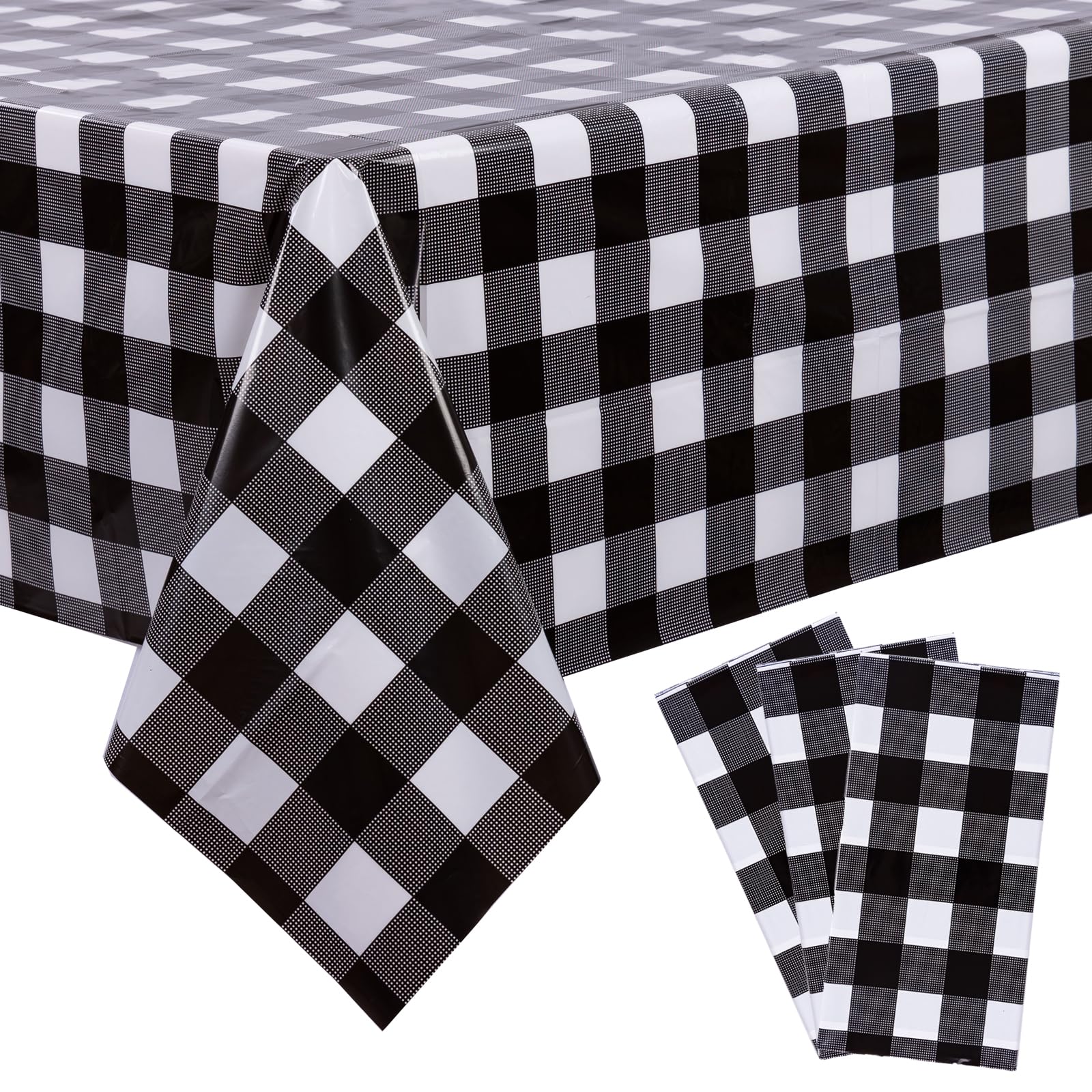 Kesfey 3 Packs Black Gingham Tablecloths 54 X 108 Inch Black And White Checkered Tablecloth Disposable Plastic Plaid Picnic Tabl