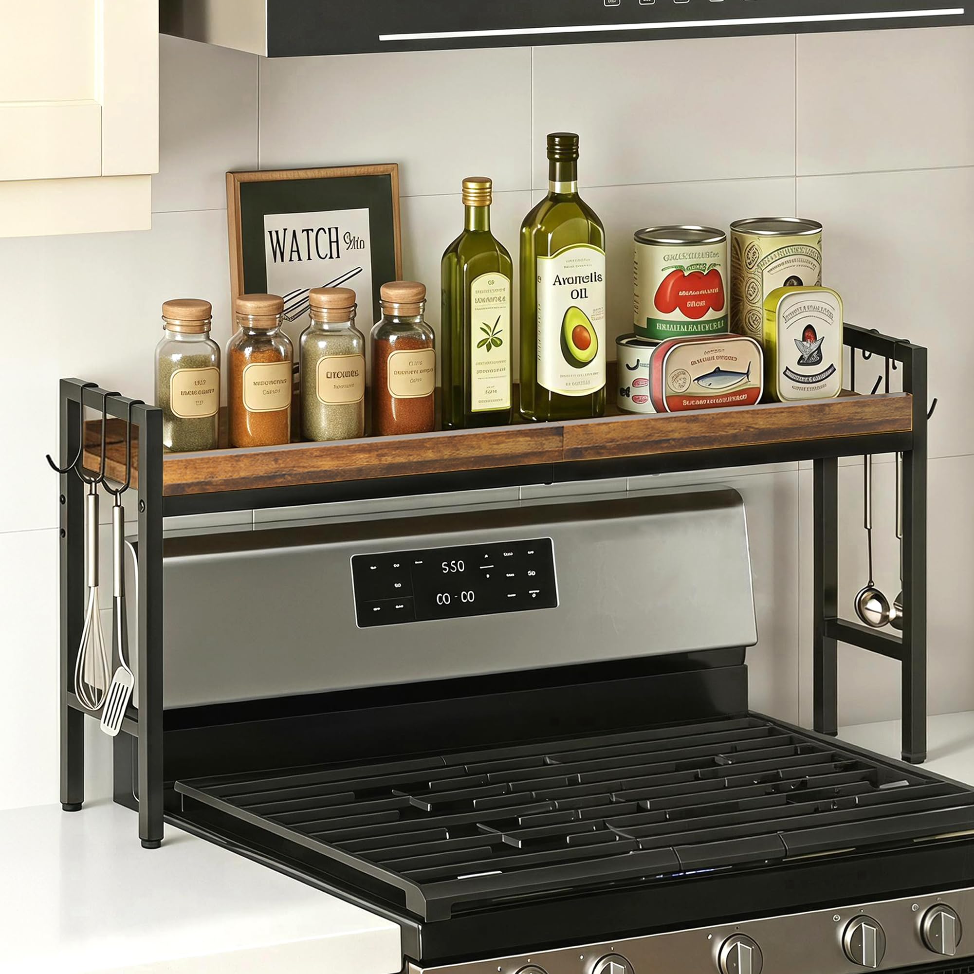 31 Inch Over the Stove Spice Rack, 3Tier Adjustable Stove Shelf Rustic