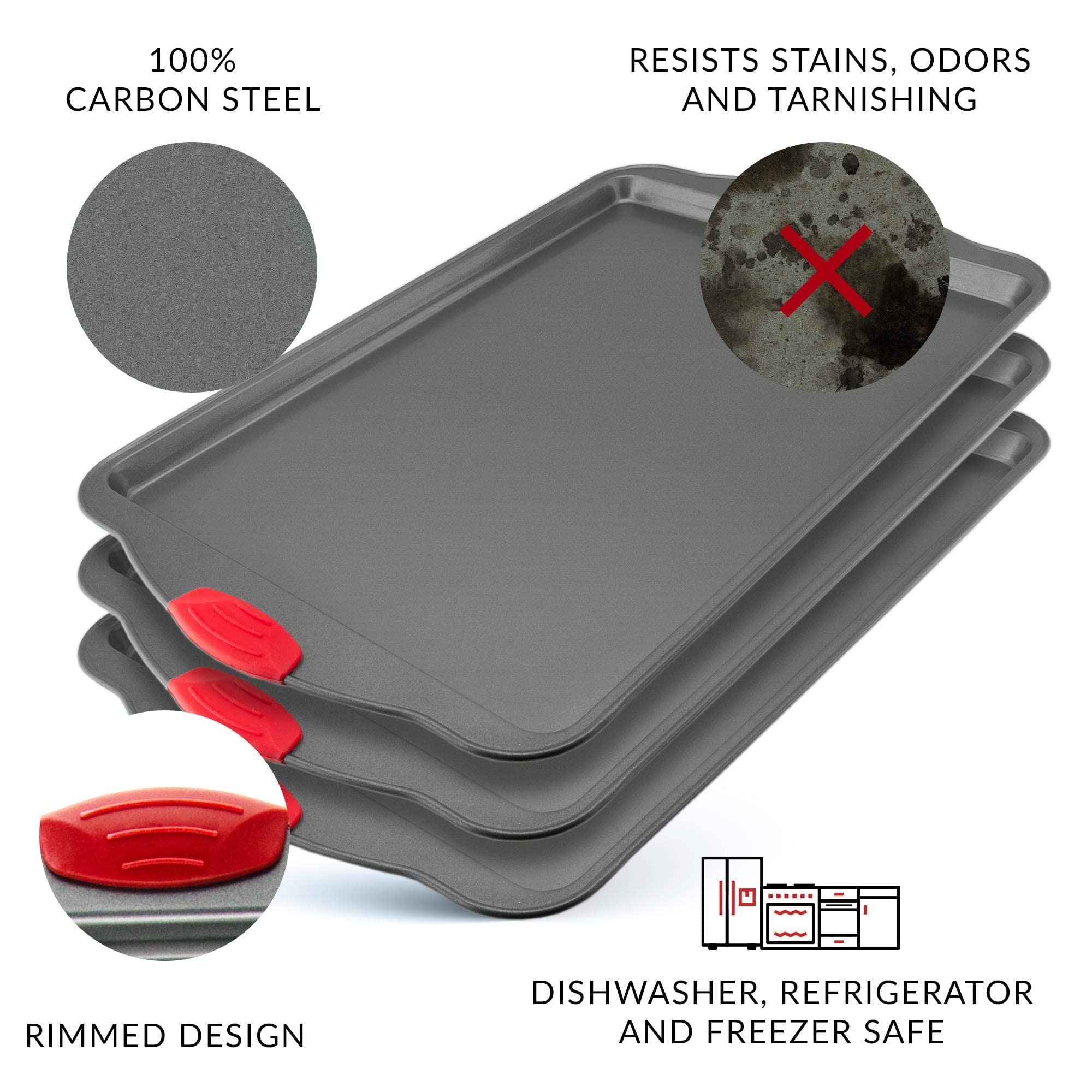 Premium Nonstick Baking Sheet Pans - Set Of 3, Heavy-Gauge Carbon Steel, Warp, Dent, And Rust-Resistant - Gourmet Rimmed Cookie