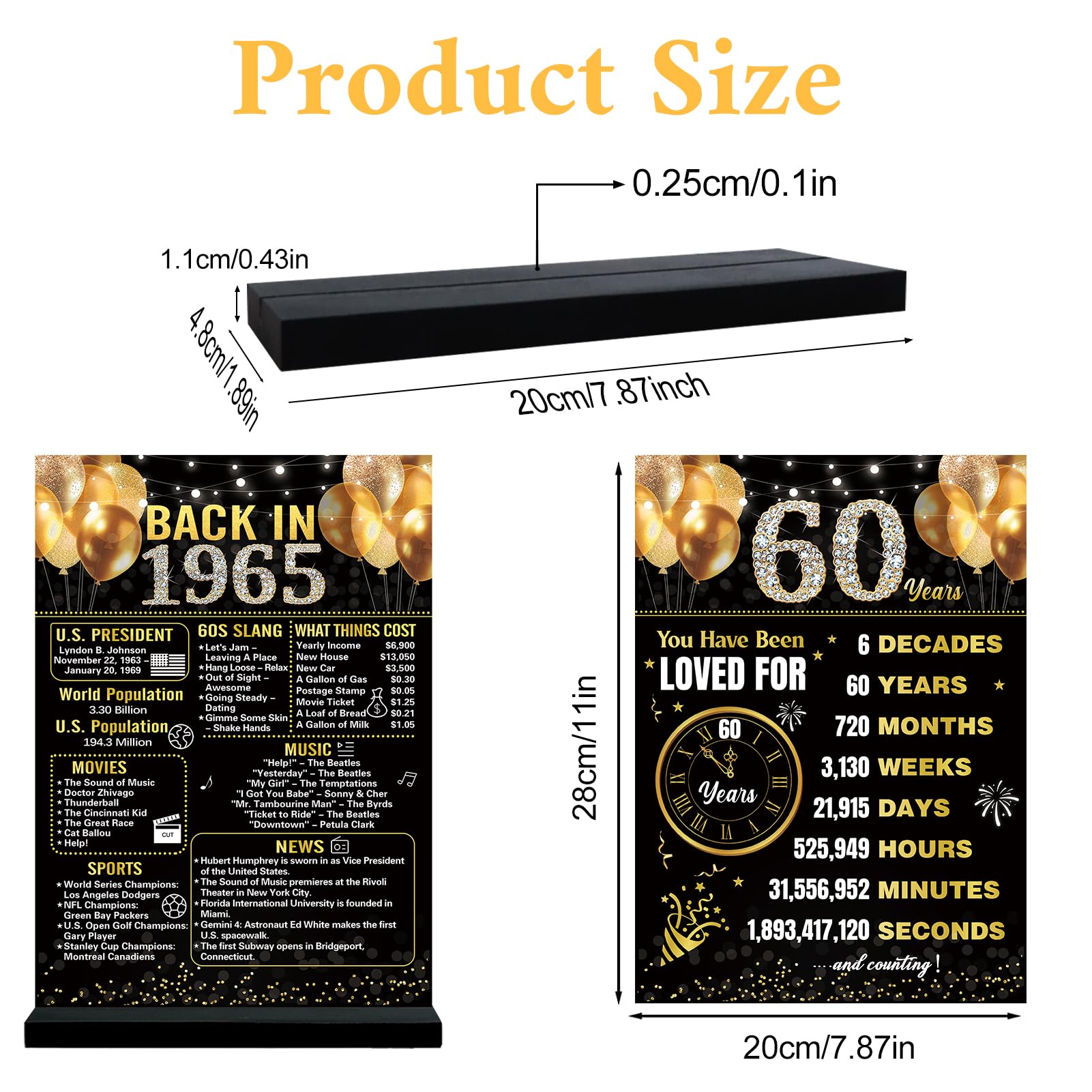Trgowaul 60Th Birthday Decorations Women Men, Black Gold Back In 1965 Birthday Poster Acrylic Table Sign With Stand, 60Th Annive