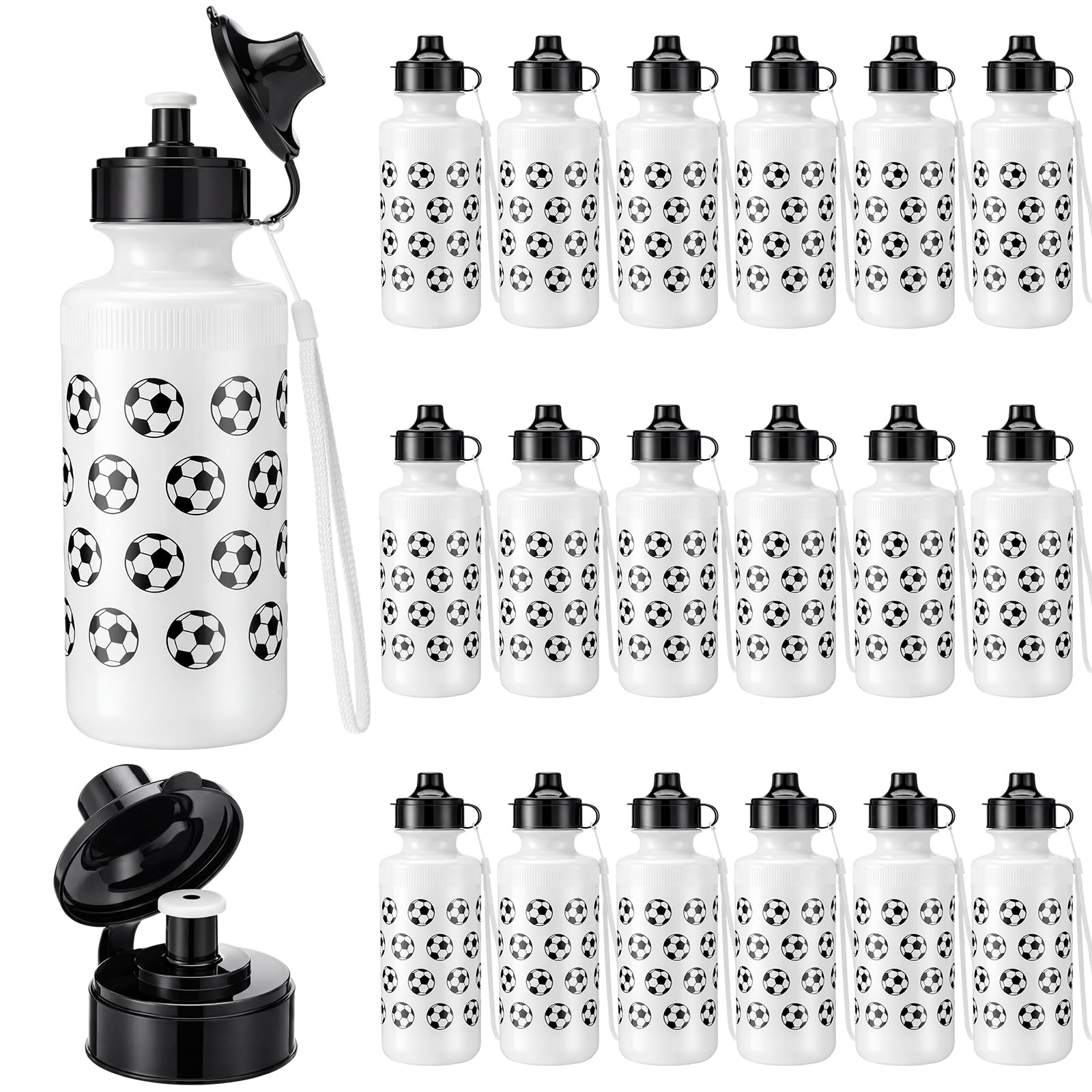 Bokon 18 Pack Soccer Sports Theme Water Bottles Bulk 20 oz Reusable Squeeze Water Bottles Plastic Sport Bottle with Pull Top Cap