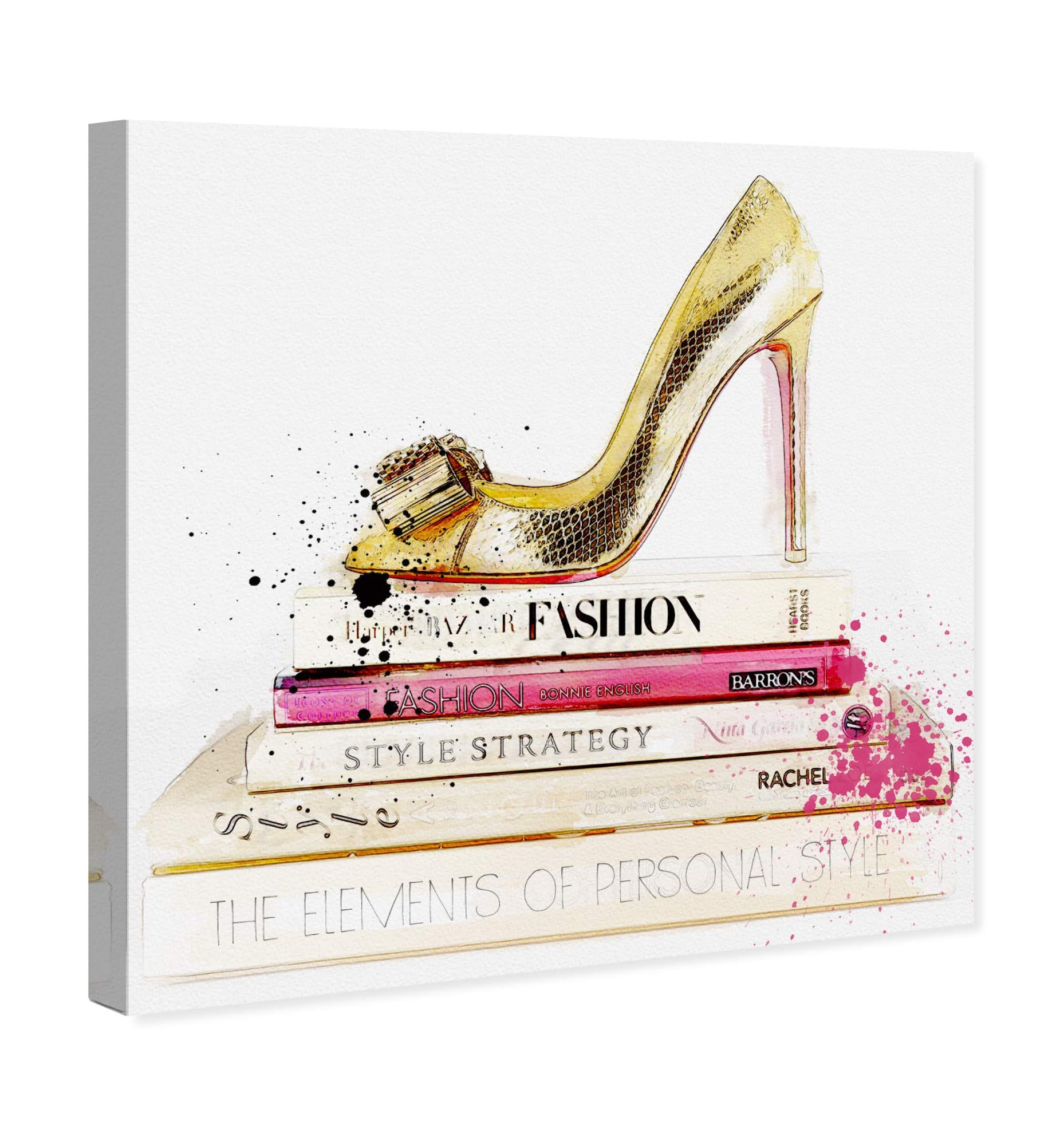 Gold Shoe And Fashion Books By Oliver Gal | Contemporary Premium Canvas Art Print. The Fashion Wall Art Decor Collection. 16X16