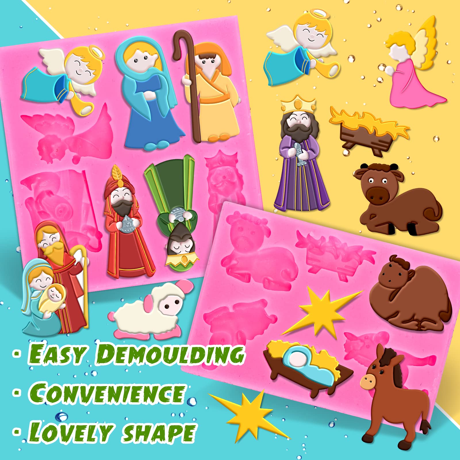 Whaline 2Pcs Christmas Fondant Molds Nativity Silicone Moulds Night of Birth Resin Baking Molds Jesus' Birth Theme Cake Decorating Molds for Xmas Handmade DIY Candy Chocolate Cookie Sugarcraft