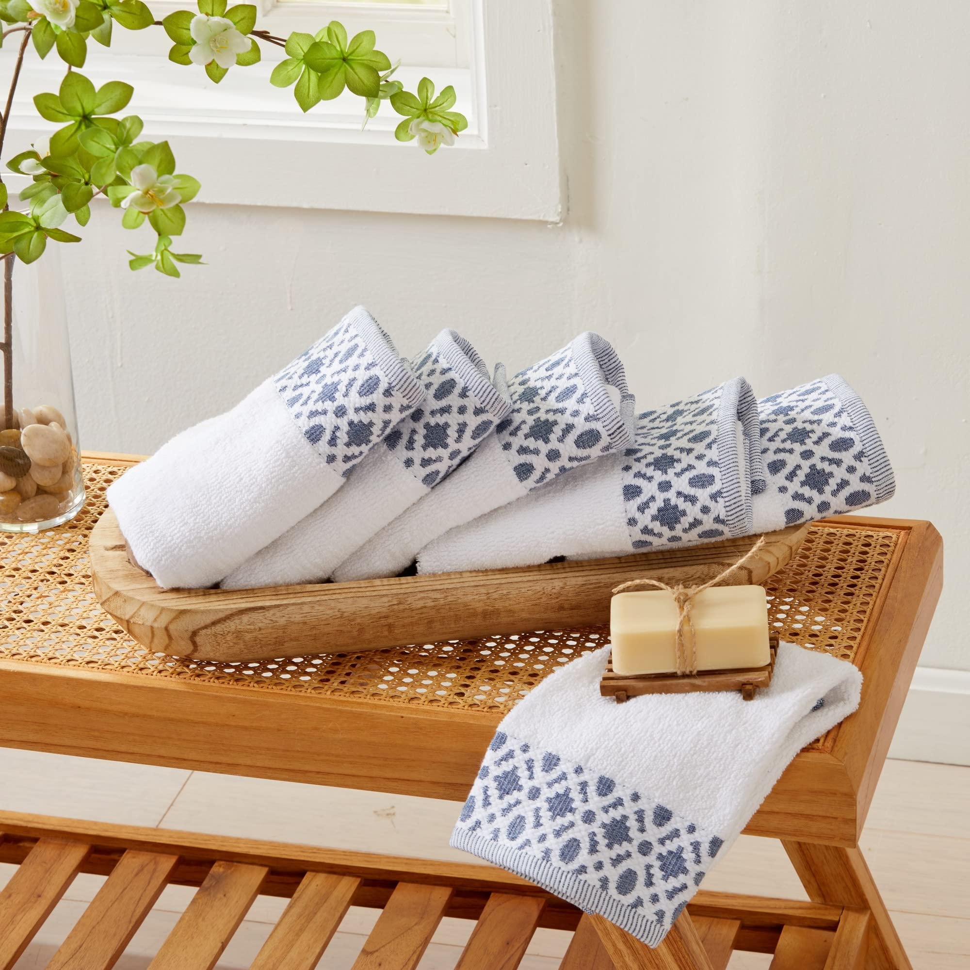 Market & Place 100% Cotton Luxury Hand Towel Set  Super Soft and Highly Absorbent  Textured Decorative Border  Includes 6 Hand Towels  Nitra Collection (White/Navy)