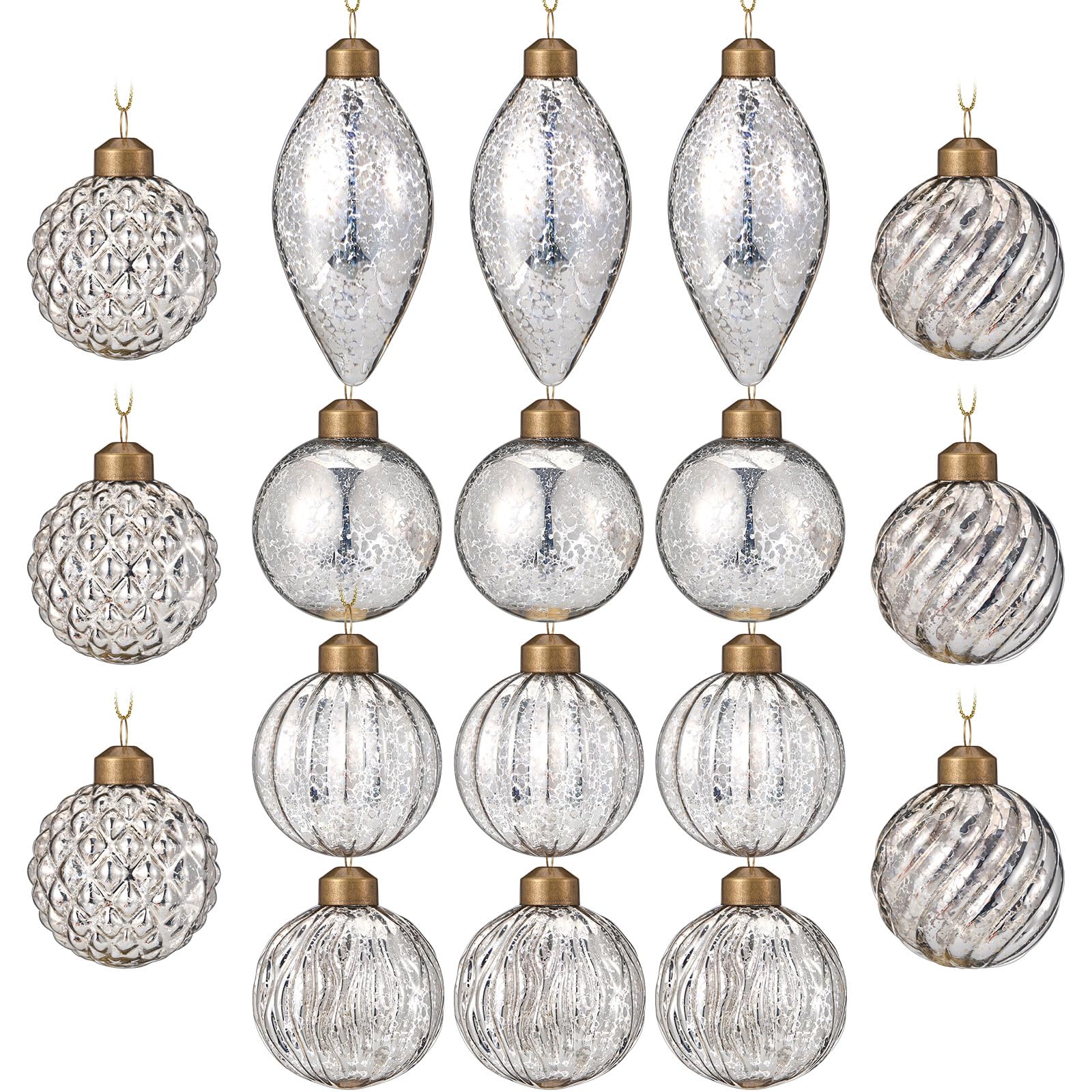 Syhood 18 Pcs Vintage Silver Christmas Mercury Glass Ornaments Rustic Hanging Mercury Glass Balls Finials Ornaments for Christma