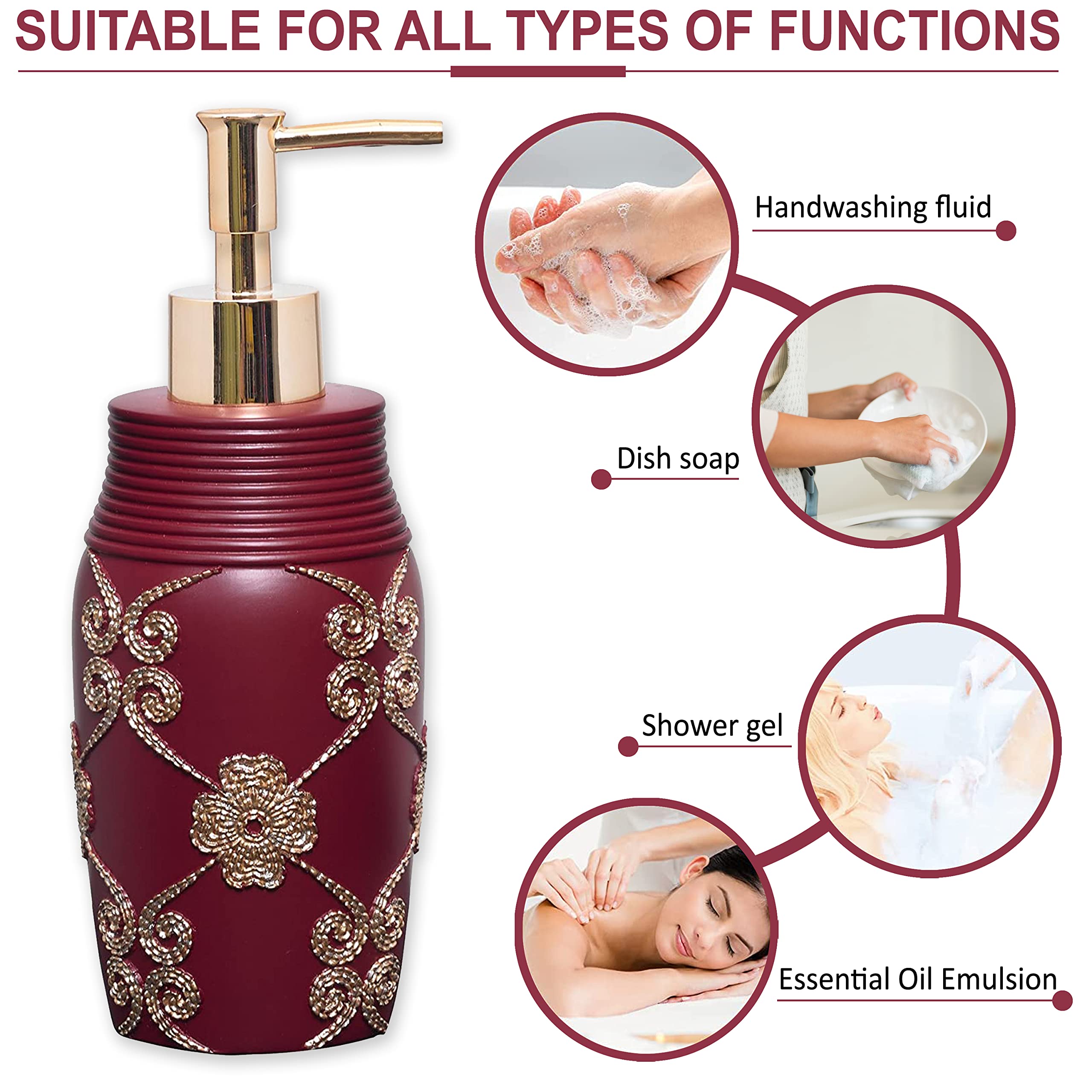 Popular Bath Soap Dispenser/Lotion Pump, Vlegant Rosa Collection, Burgundy/Gold
