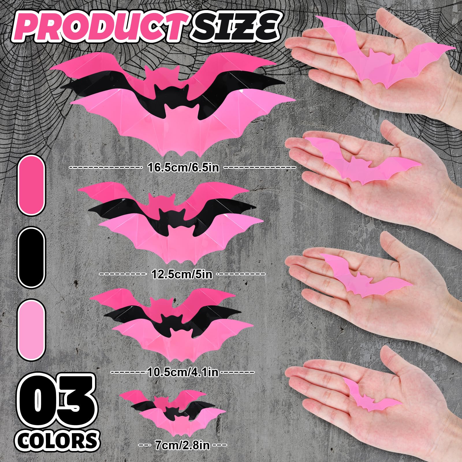 Whaline 112Pcs Halloween Wall Decoration 3D Bats With Foam Adhesive Black Pink Rose Red Waterproof Spooky Bats Stickers Hocus Po