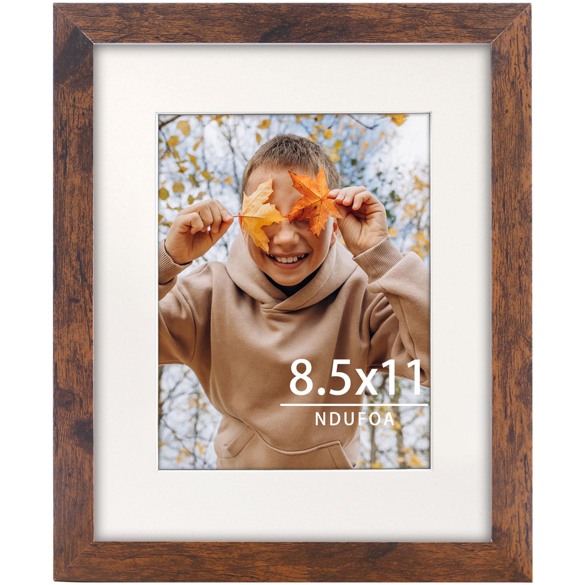 NDUFOA 8.5x11 Picture Frame, Display Photos 6x8 with Mat or 8.5x11 without Mat, Poster Frame for Wall and Tabletop, Brown