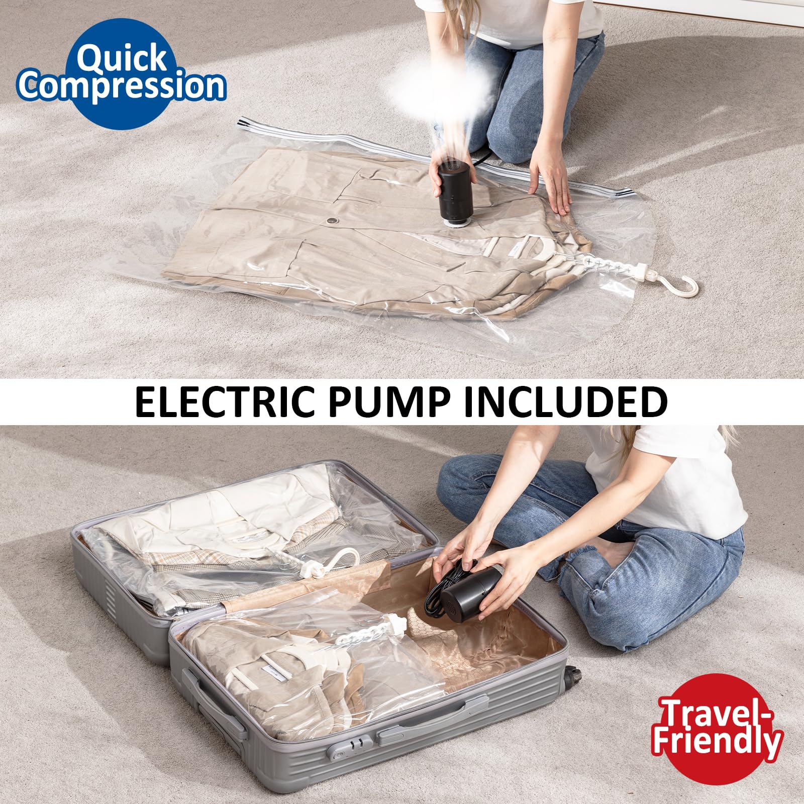 Hanging Vacuum Storage Bags  4 Pack Hanging Storage Bags for Clothes With Electric Pump  Vacuum Sealed for Suits  Dress  Jackets (4 Long)