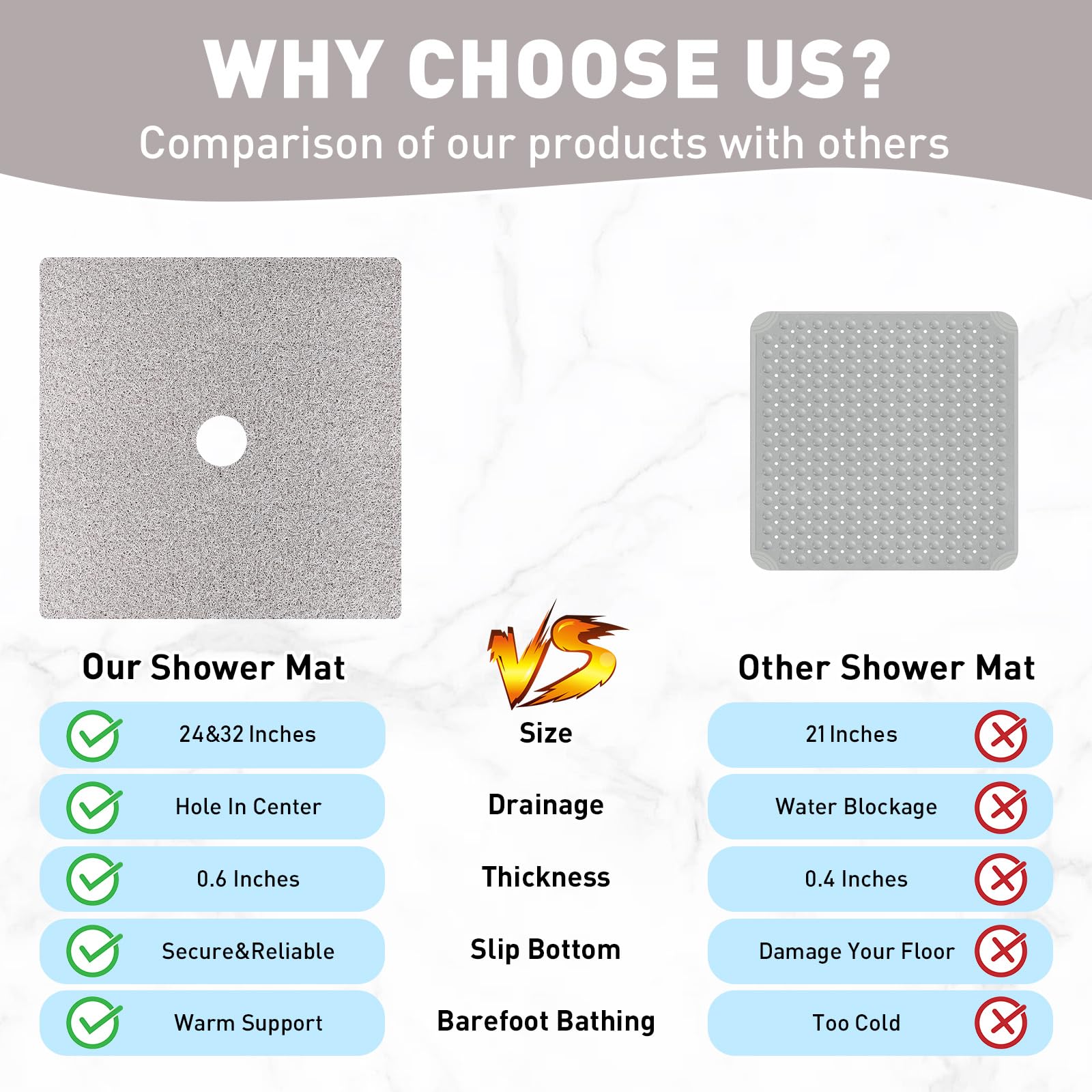 Mofonky Shower Mat Non Slip: 24 X 24 Inch Square Shower Mats With Drain Hole In Middle - Soft Loofah Quick Drying Matt For Showe