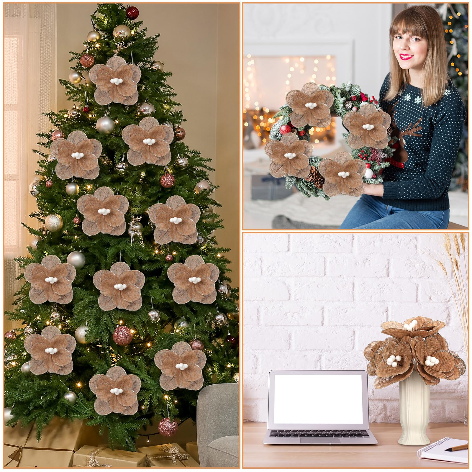Soulchen 12 Pcs 12 Burlap Magnolia Christmas Poinsettia Flowers with Stems Artificial Rustic Magnolia Tree Ornaments Natural F