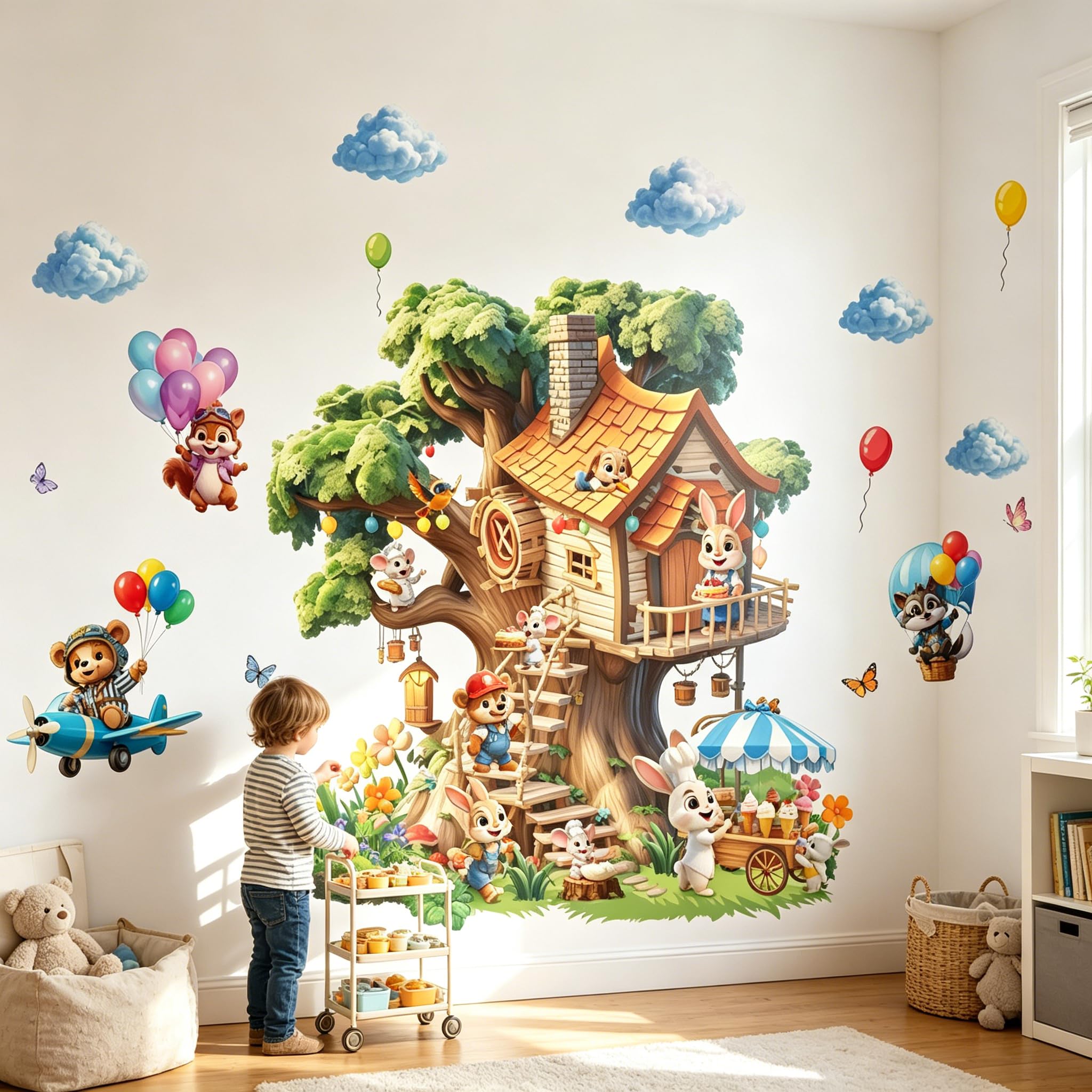 Treehouse Wall Decals with Woodland Adventure Animals for Nursery, Large Peel and Stick Whimsical Treehouse Animal Wall Stickers