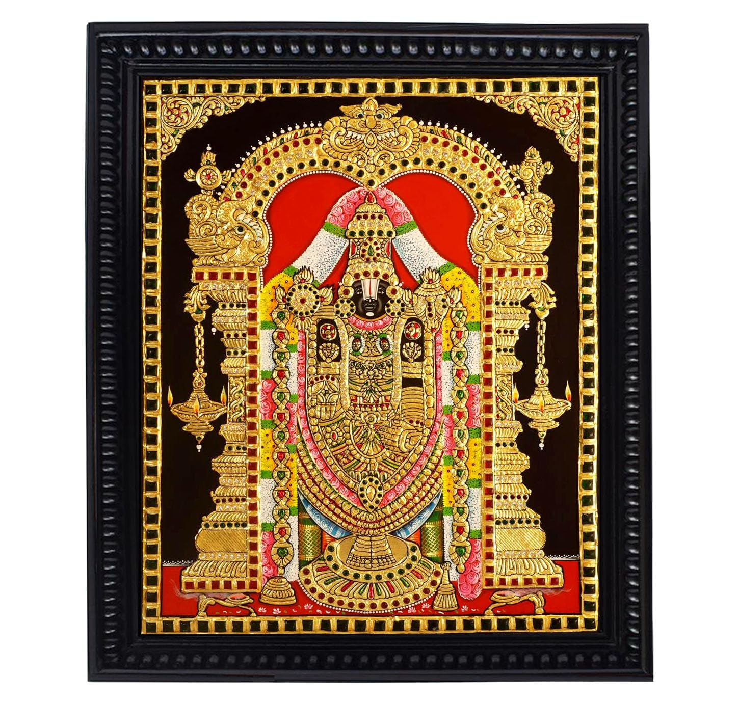 Tarang Arts Lord Tirupati Balaji Tanjore Paintings With Wooden Mani Frame, 3D Embose Design, 22-Carat Gold Foil & Jaipur Stones 