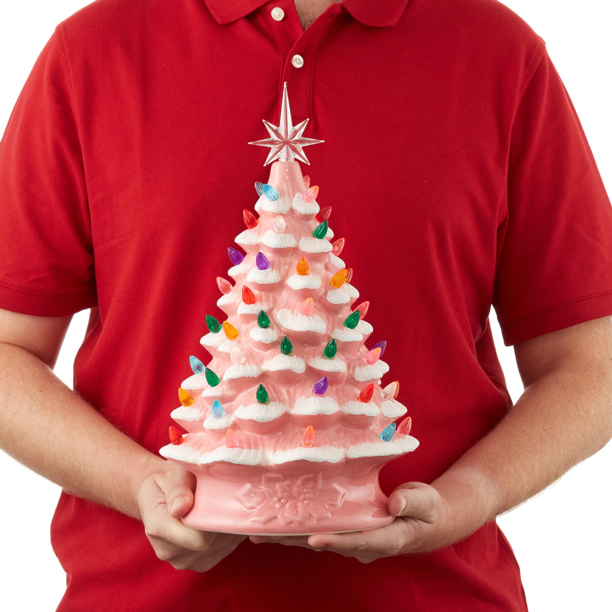 Casafield Hand Painted Ceramic Christmas Tree, Pink Snow Flocked 15-Inch Pre-Lit Tree with 128 Multi Color Lights and 2 Star Top