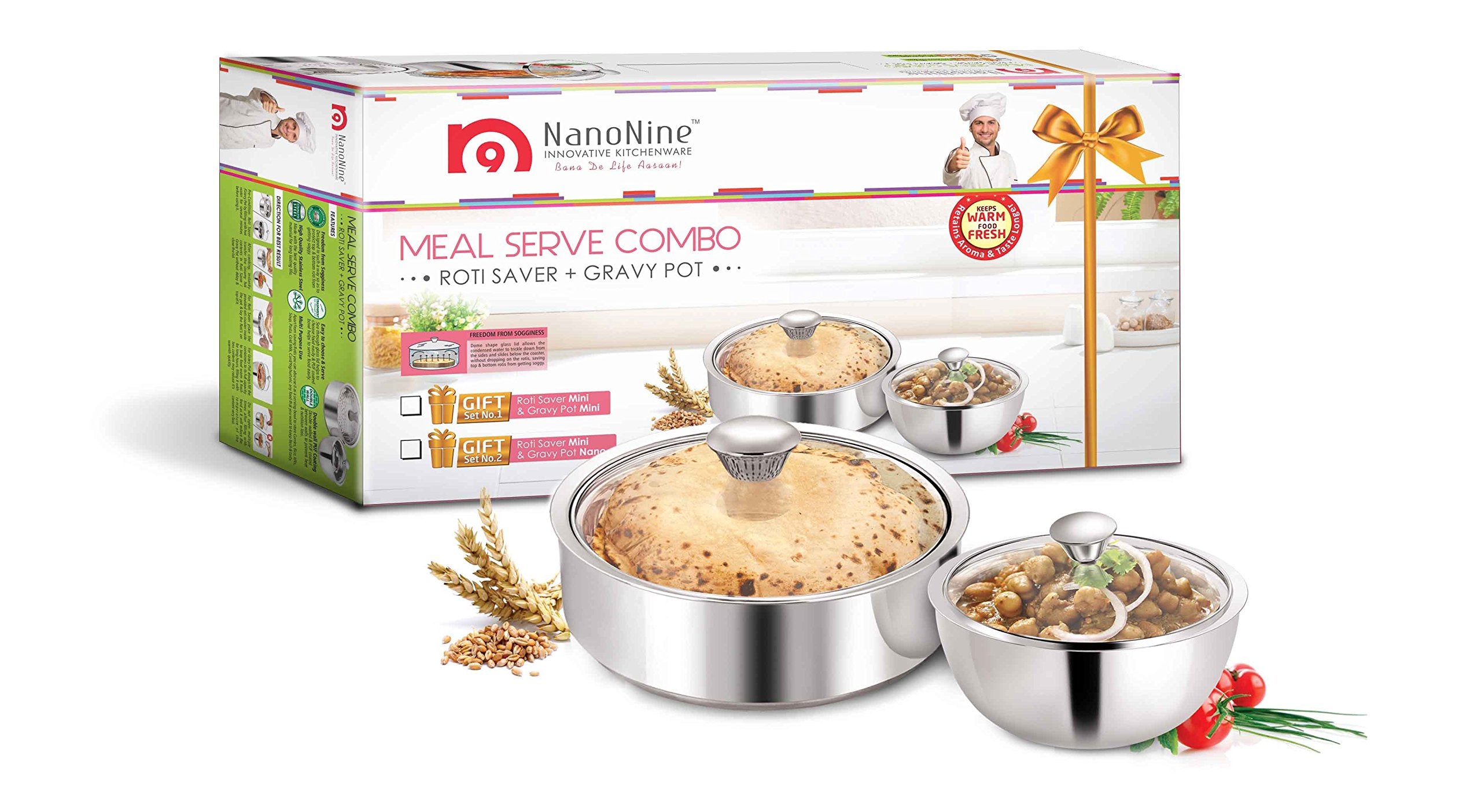 Nanonine Stainless Steel Solid Casserole With Lid  1300Ml, Set Of 2, Silver