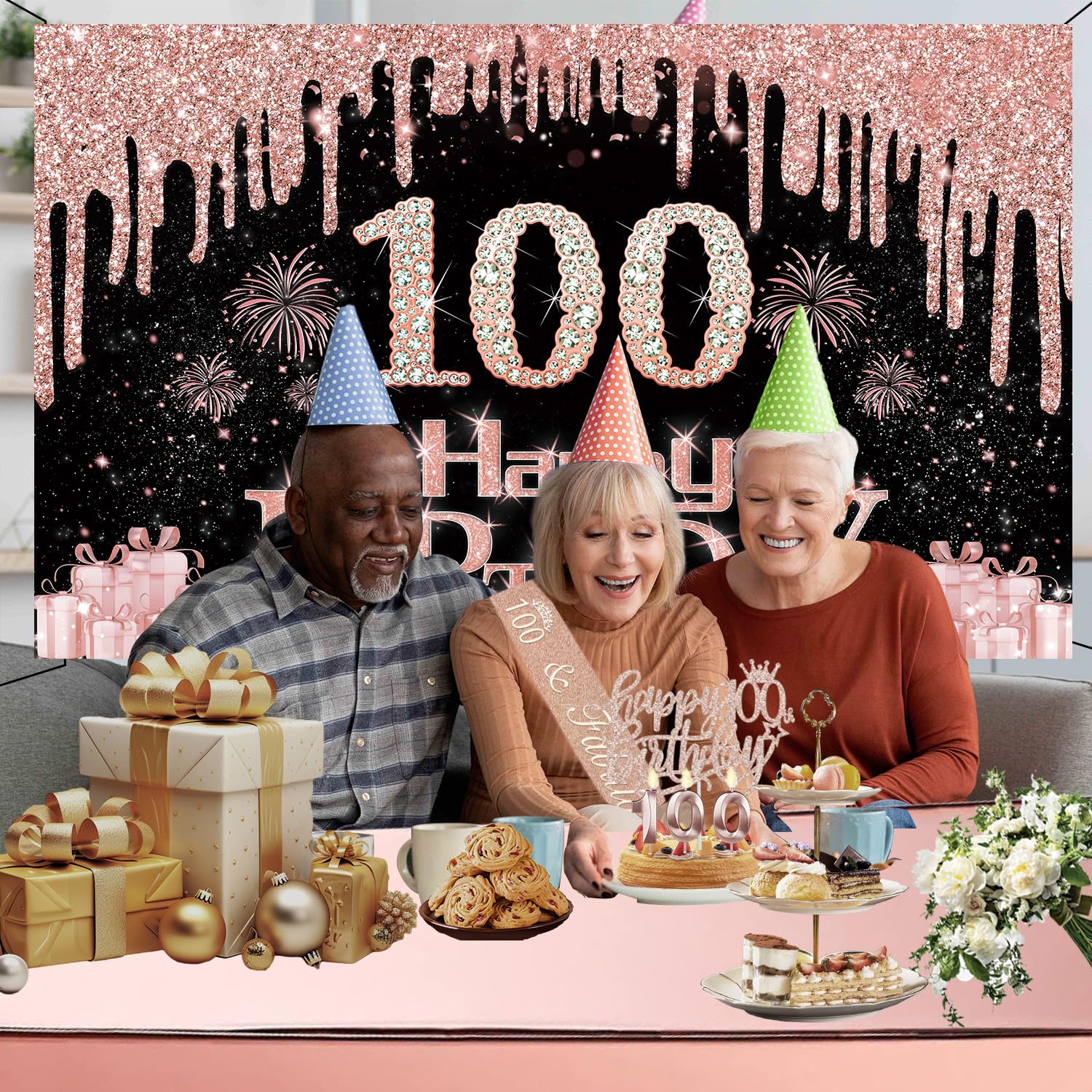 100Th Birthday Decorations For Women With Banner, Rose Gold Tablecloth, Number Balloons, 100Th Birthday Sash And Tiara, Cake Top