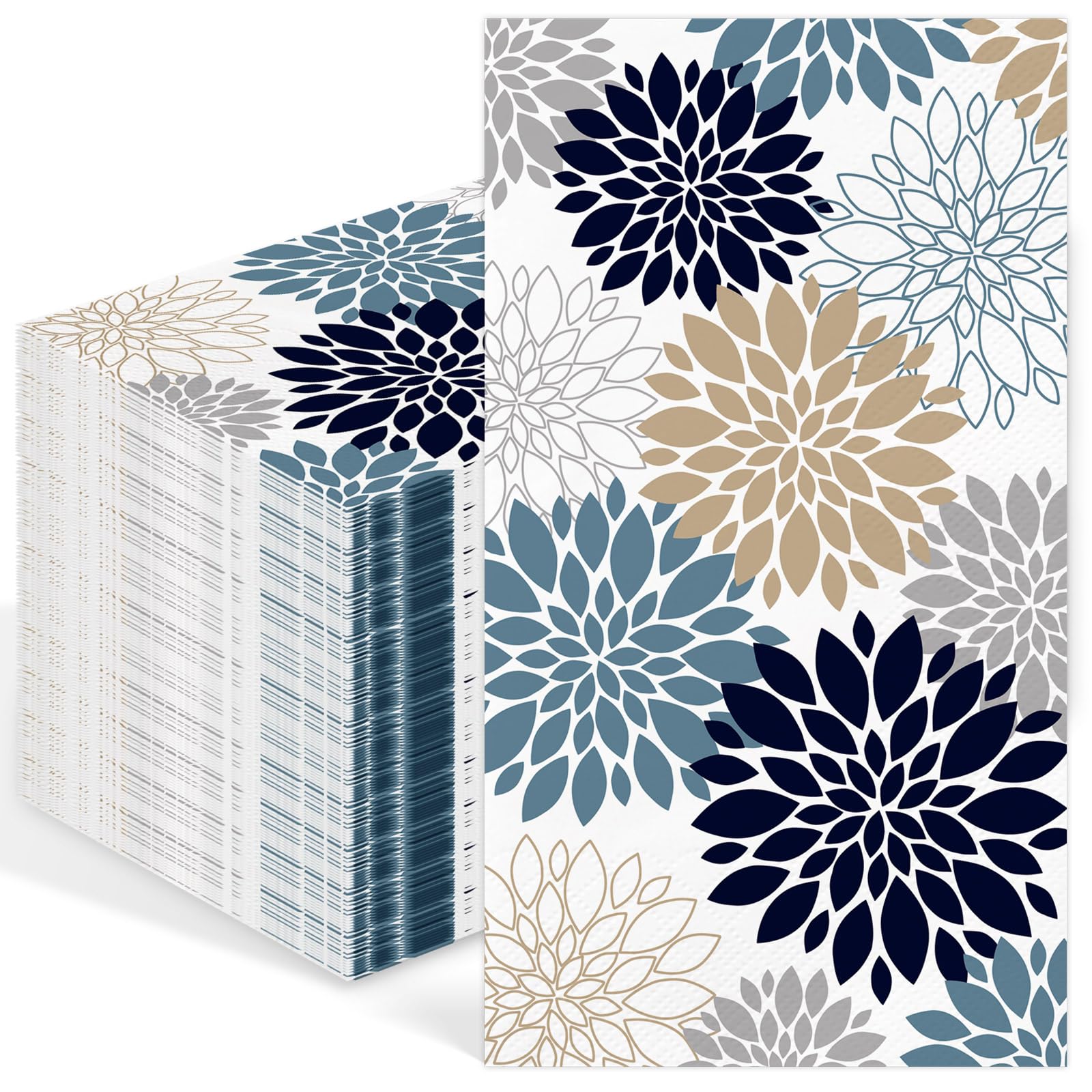 IANFEPH 100 Pack Fall Dahlia Paper Napkins 3 Ply Disposable Bathroom Guest Hand Towels 4.3 x 7.9 Inch Blue Grey Vintage Floral N