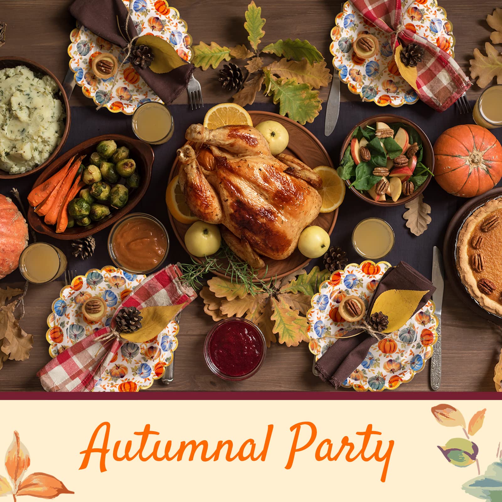 Confettiville Thanksgiving Paper Plates, 50-Count Fall-Themed Decorative Disposable Serving Plates, Pale Apricot, Gold Foil Scal