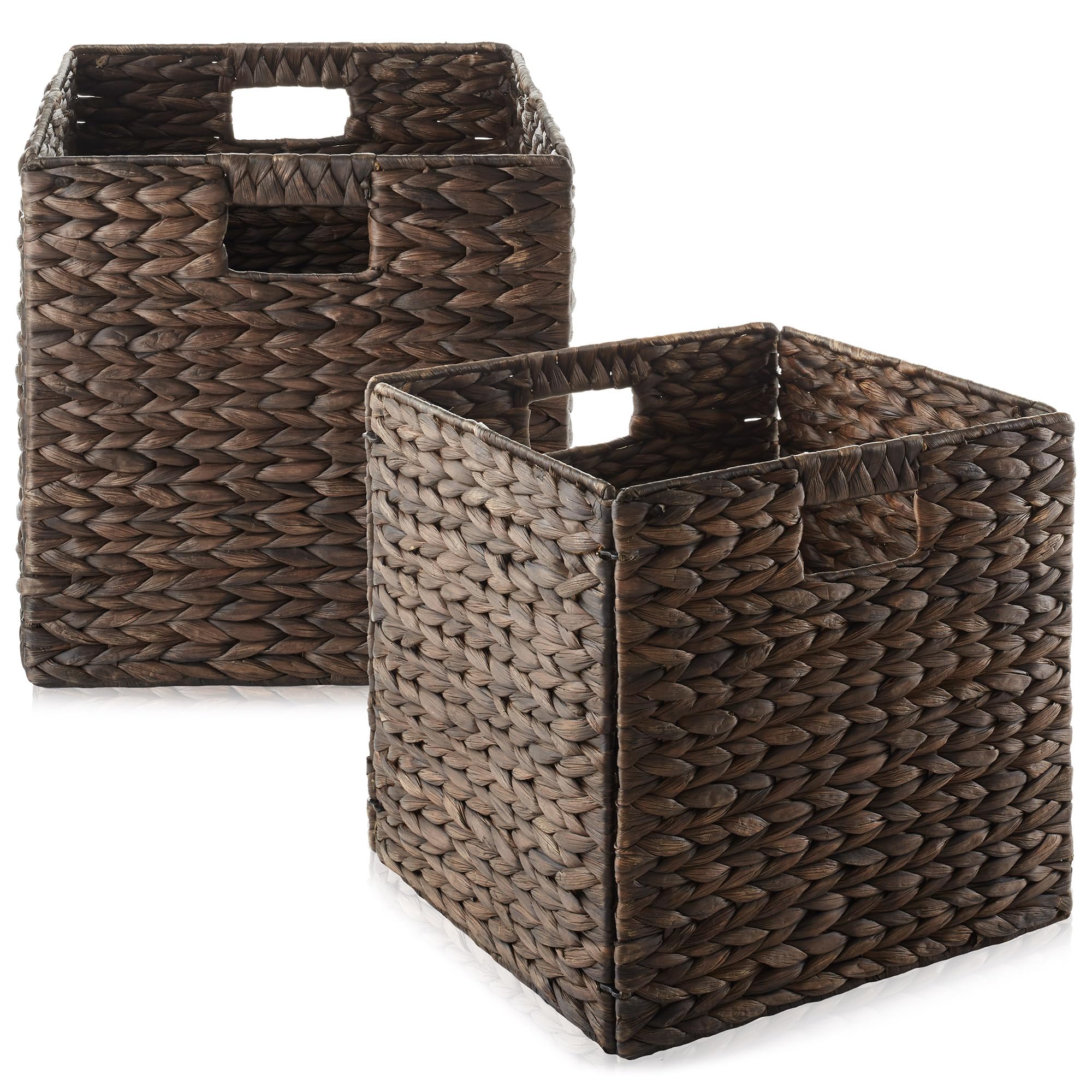 Casafield 12'' X 12'' Water Hyacinth Storage Baskets, Espresso - Set Of 2 Collapsible Cube Organizers, Woven Bins For Bathroom,