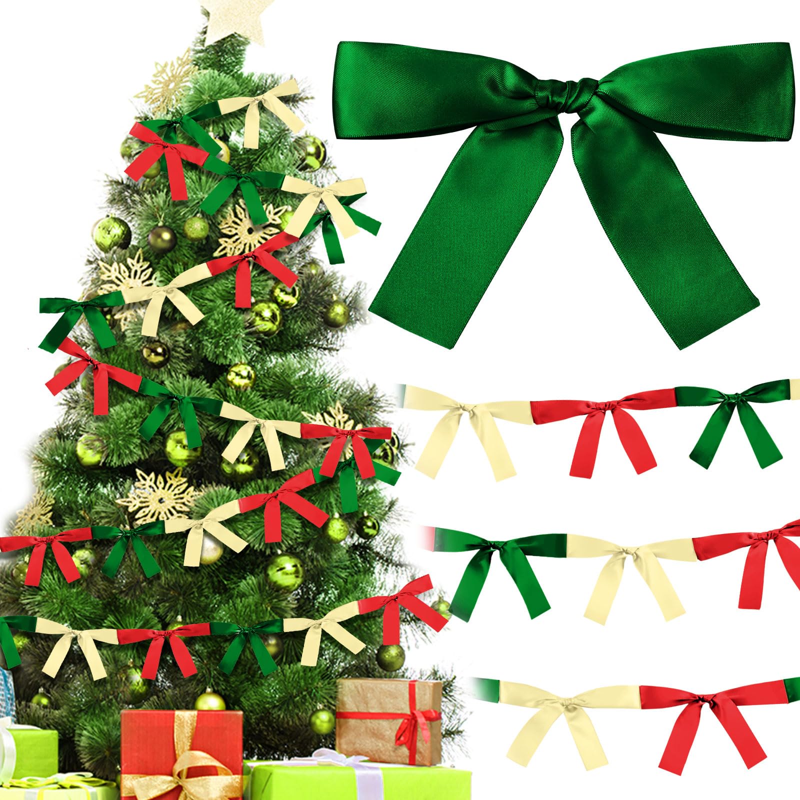 Trandraft 2 Pcs Christmas Bow Garland Banner 16.4 ft Pre-Assembled Red Green Gold Satin Bows Ornaments Xmas Bows Hanging Decors 